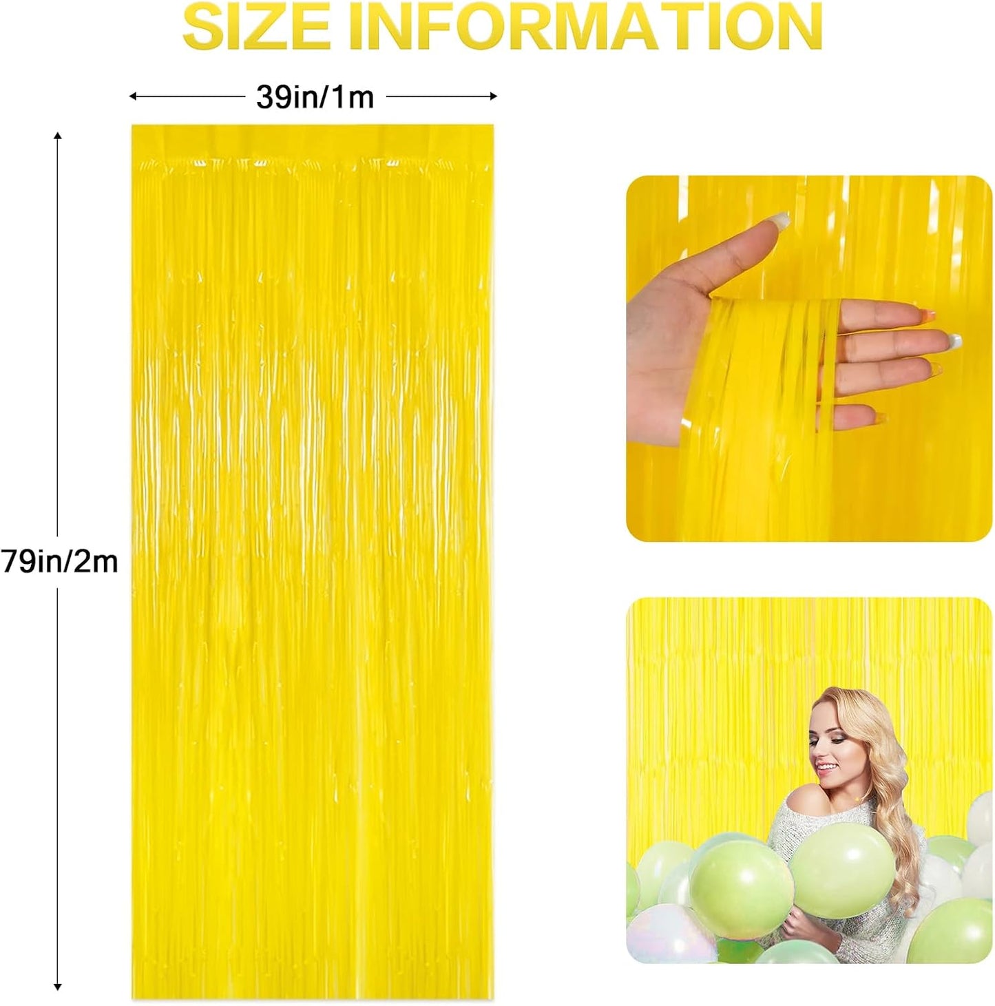 CANREVEL Glow in The Dark Party Supplies, 2 Pack 3.3x6.6 Feet Fluorescent Macaron Yellow Foil Fringe Backdrop Curtains, Tinsel Streamers for Birthday Party Blacklight Decorations