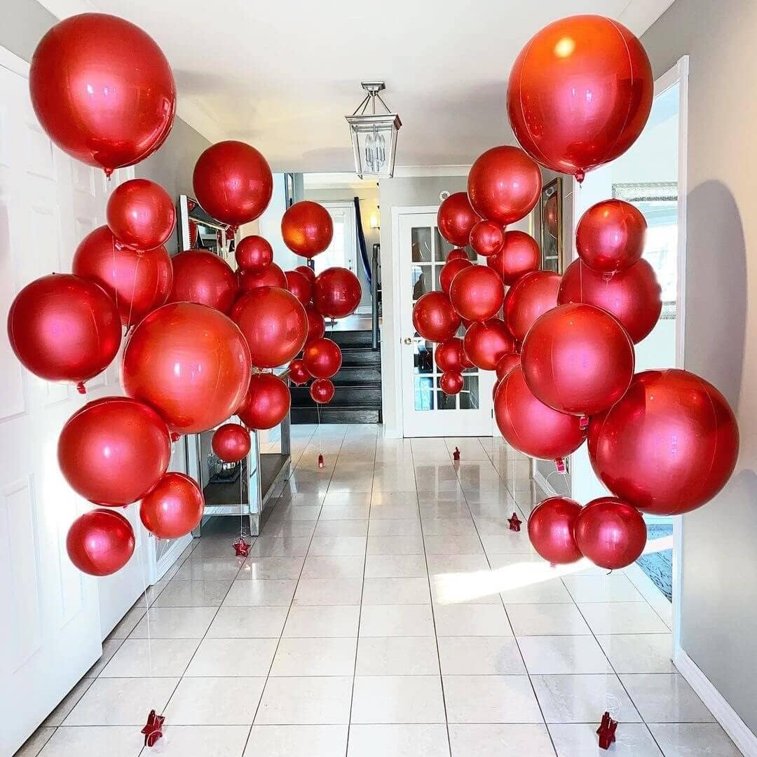 LHOAVWE 6 Pack 22 Inch 4D Red Balloons: 6 Pcs Round Foil Balloons (Uninflated) + Straw + 32 Foot Ribbon Roll - Red, Perfect for Birthday Parties