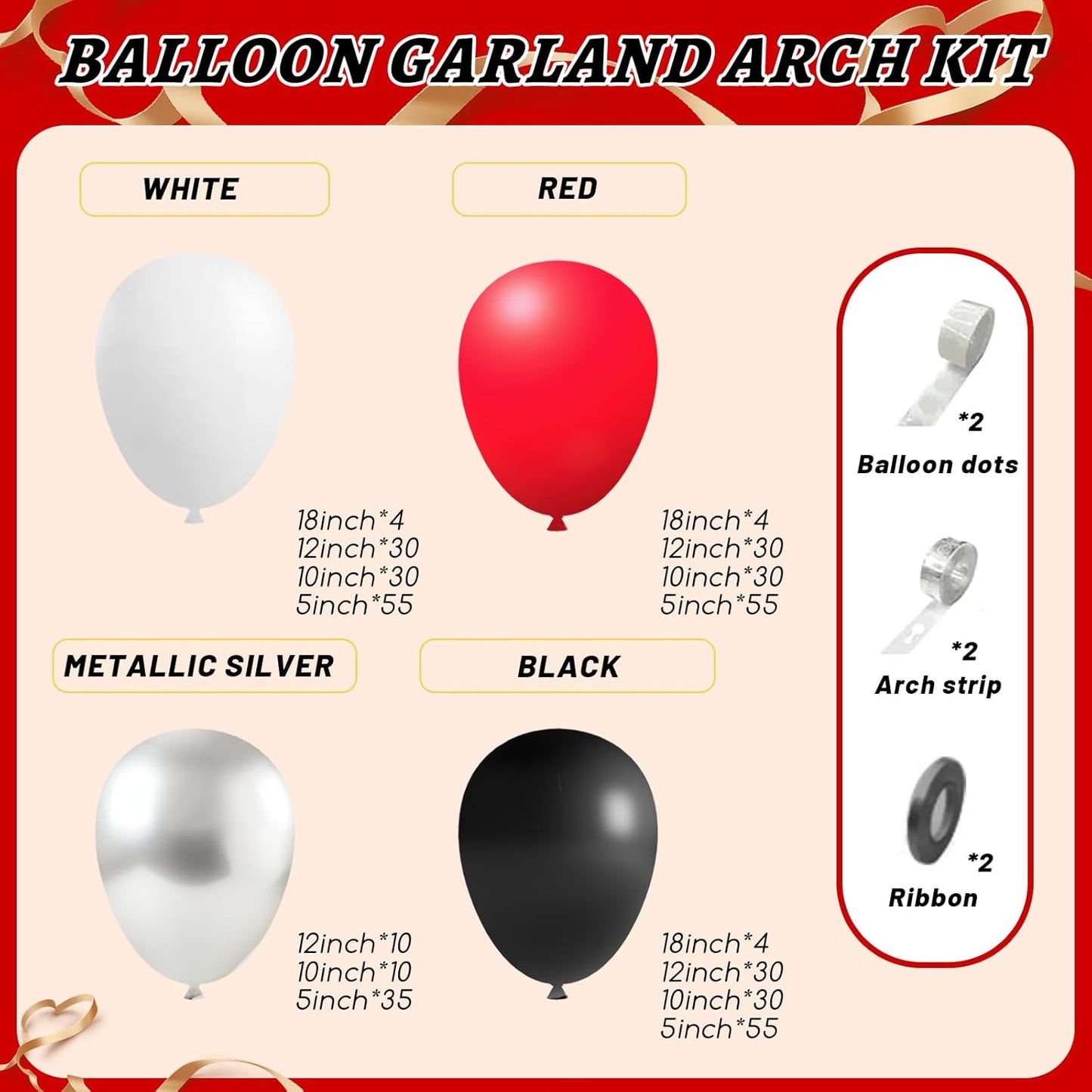 412Pcs Red Black and White Balloon Garland Arch Kit,18 12 10 5 Inch Different Size Red Black White Balloons for Shower Birthday New Year Graduation Wedding Racing Car Poker Party Decorations