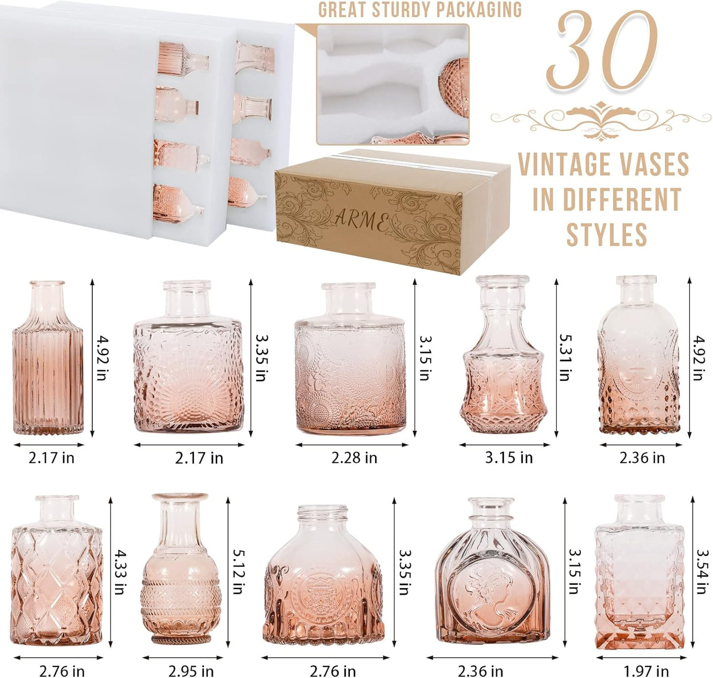 Arme Glass Bud Vase Set,30Pcs Small Glass Vase for Flowers, Clear Bud Vase in Bulk，Mini Single Vintage Vase for Centerpiece，Vases Bulk for Rustic Wedding Decor，Home Table Flower Décor(Amber)