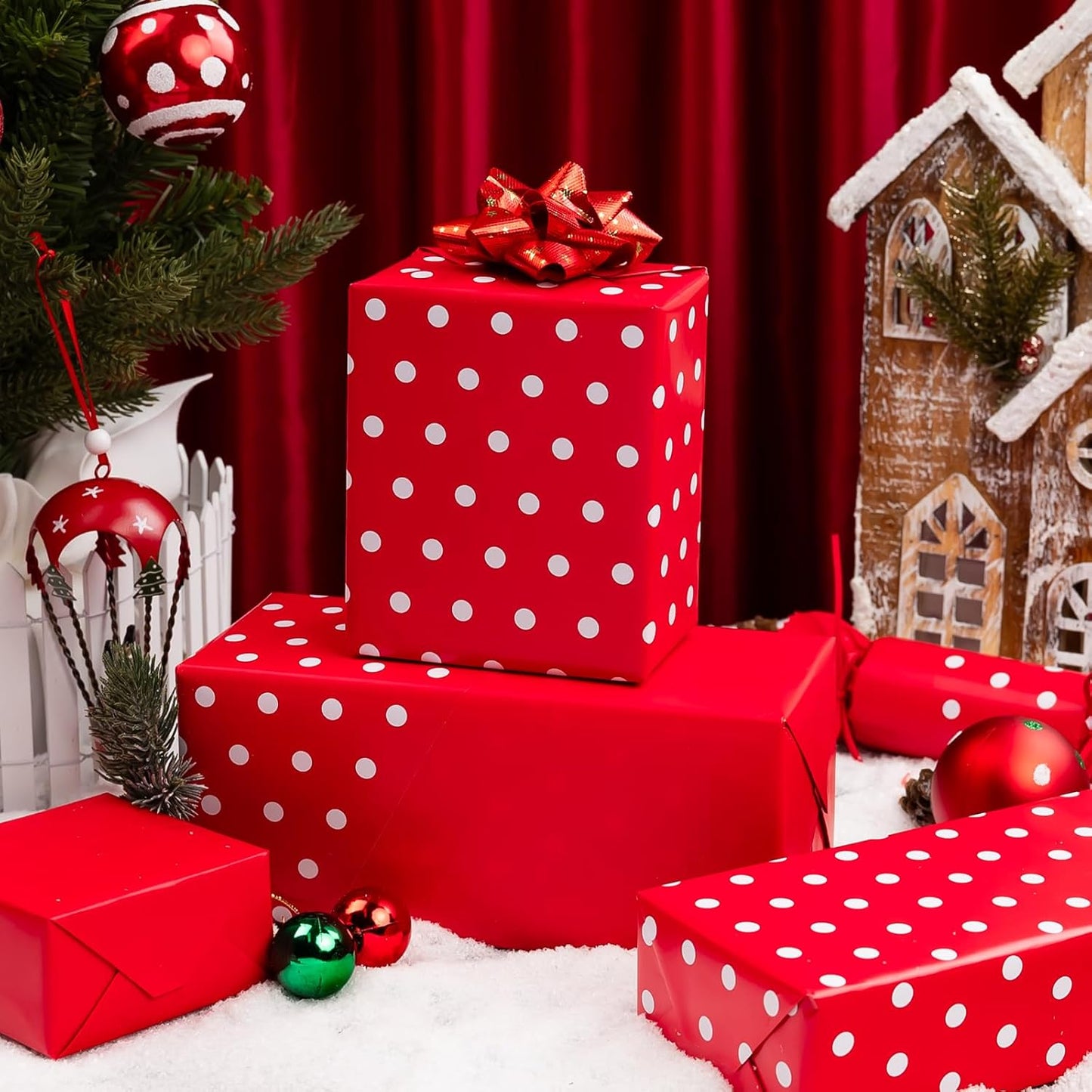 Flyhill Red Wrapping Paper,Reversible Gift Wrap Paper with Polka Dot Design for Girls,Birthday,Valentine's Day,Mother's Day(17 Inch X 32.8 Feet)