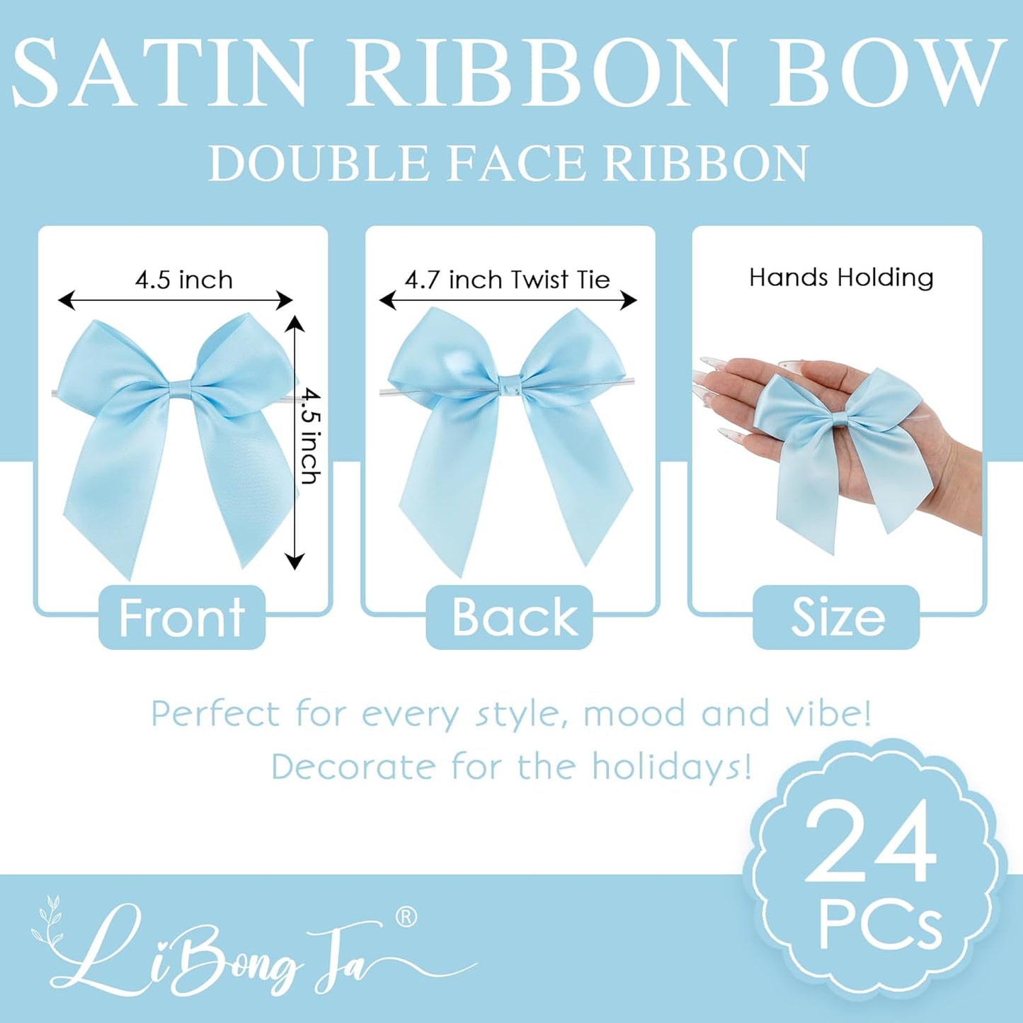 4.5" Satin Ribbon Blue Bows for Gift Wrapping, Twist Tie Bows, Cute Bows for Crafts, Party Favors, Premade Bows Pre-Tied Decorative Bows for Flower Bouquets Candy Apple Bows-24 Counts