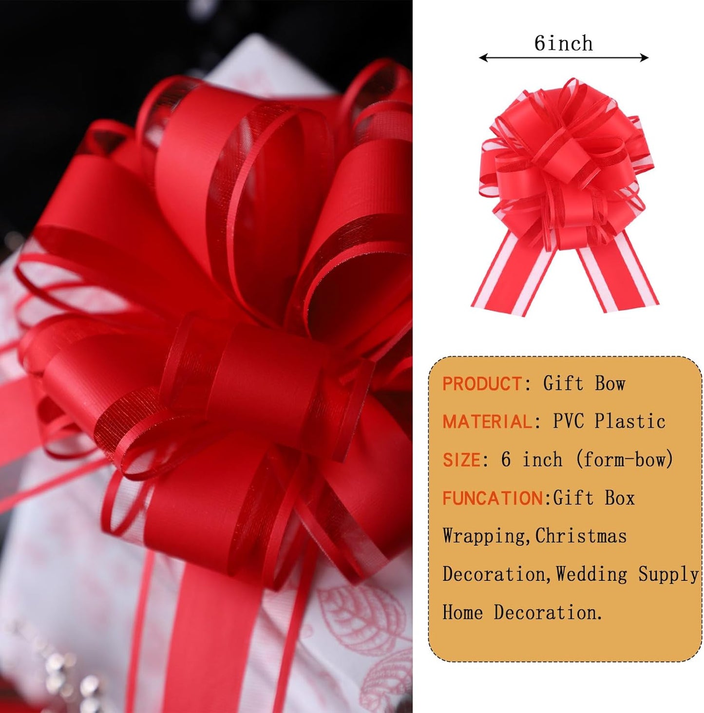 6Pcs 6inch Pull Bow Gift Wrapping,Pull Bow For Gift Basket, Gift Bag Box Wrapping Decor, Valentines Day, Birthday, Anniversary, Wedding, Flower Packaging (Red)