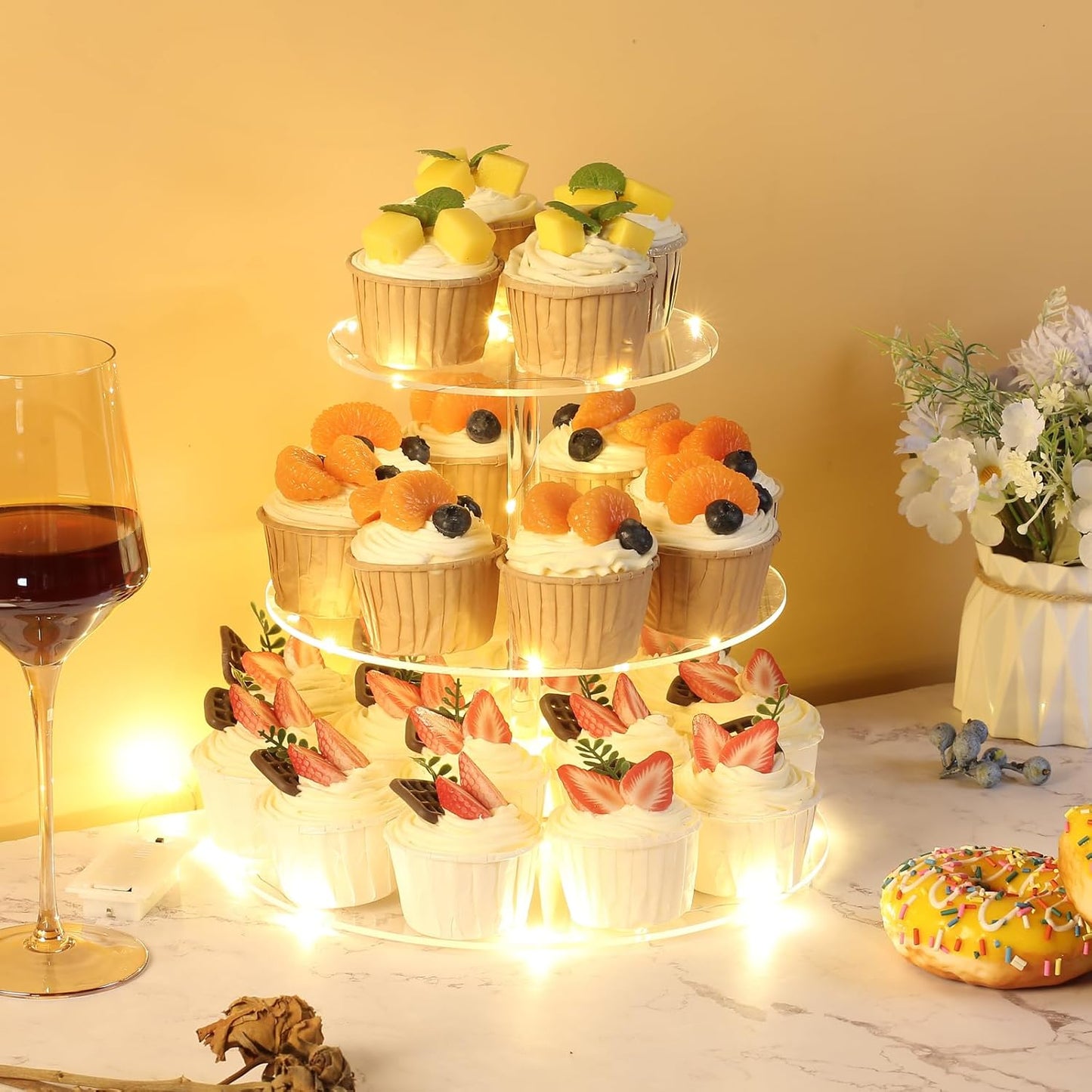 3 Tier Round Cupcake Stand Cupcake Holder, Acrylic Cupcake Tower with LED Yellow Light for 24 Cupcakes, Dessert Table Display Set for Birthday, Bar, Decor Weddings, Parties Events