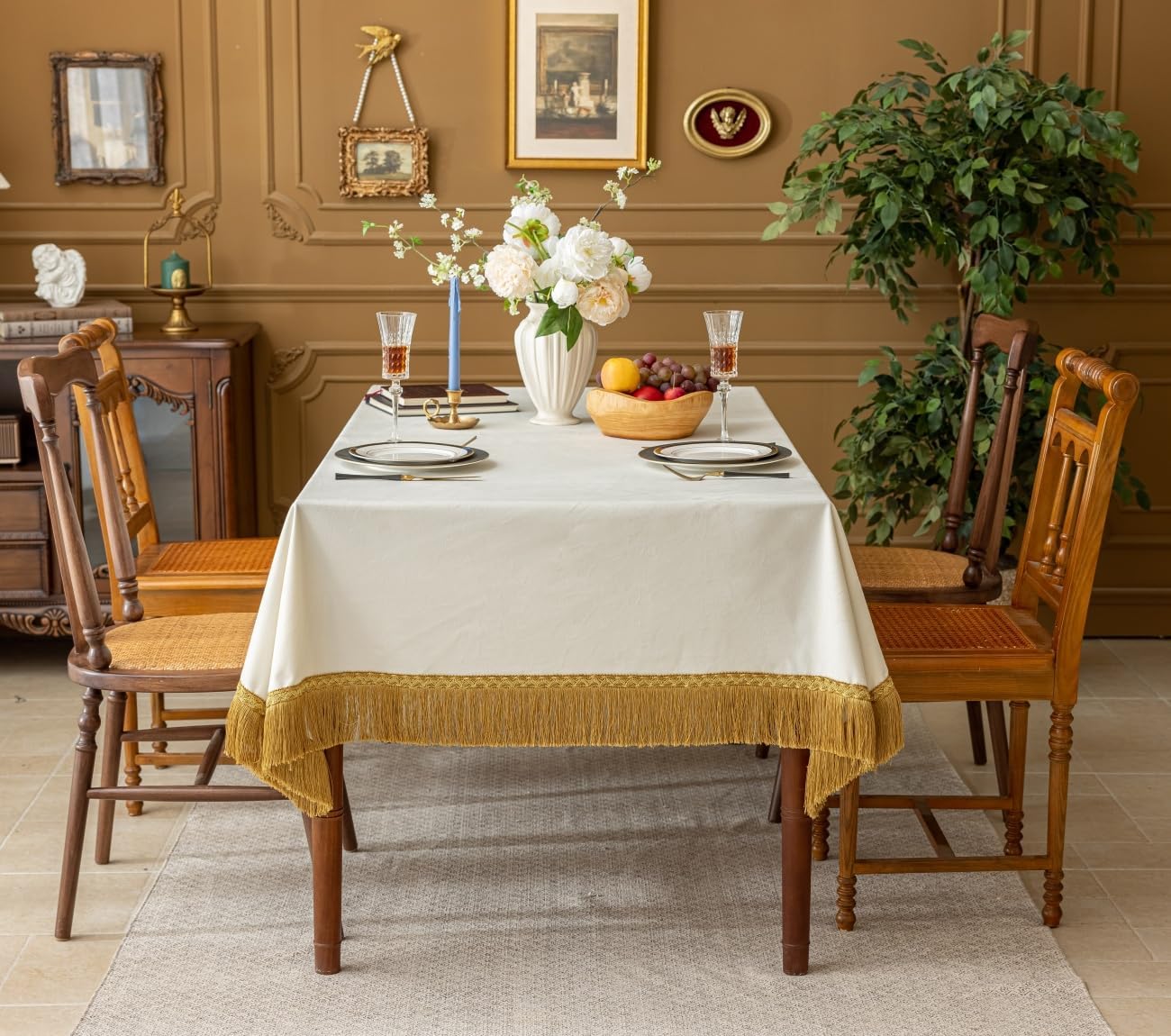 F-CHU White Tablecloth Thickset Velvet Tablecloth with Beautiful Gold Tassels Vintage Table Cloth for Home Decor Wedding, Party, Banquet and Events 60x86-Inch