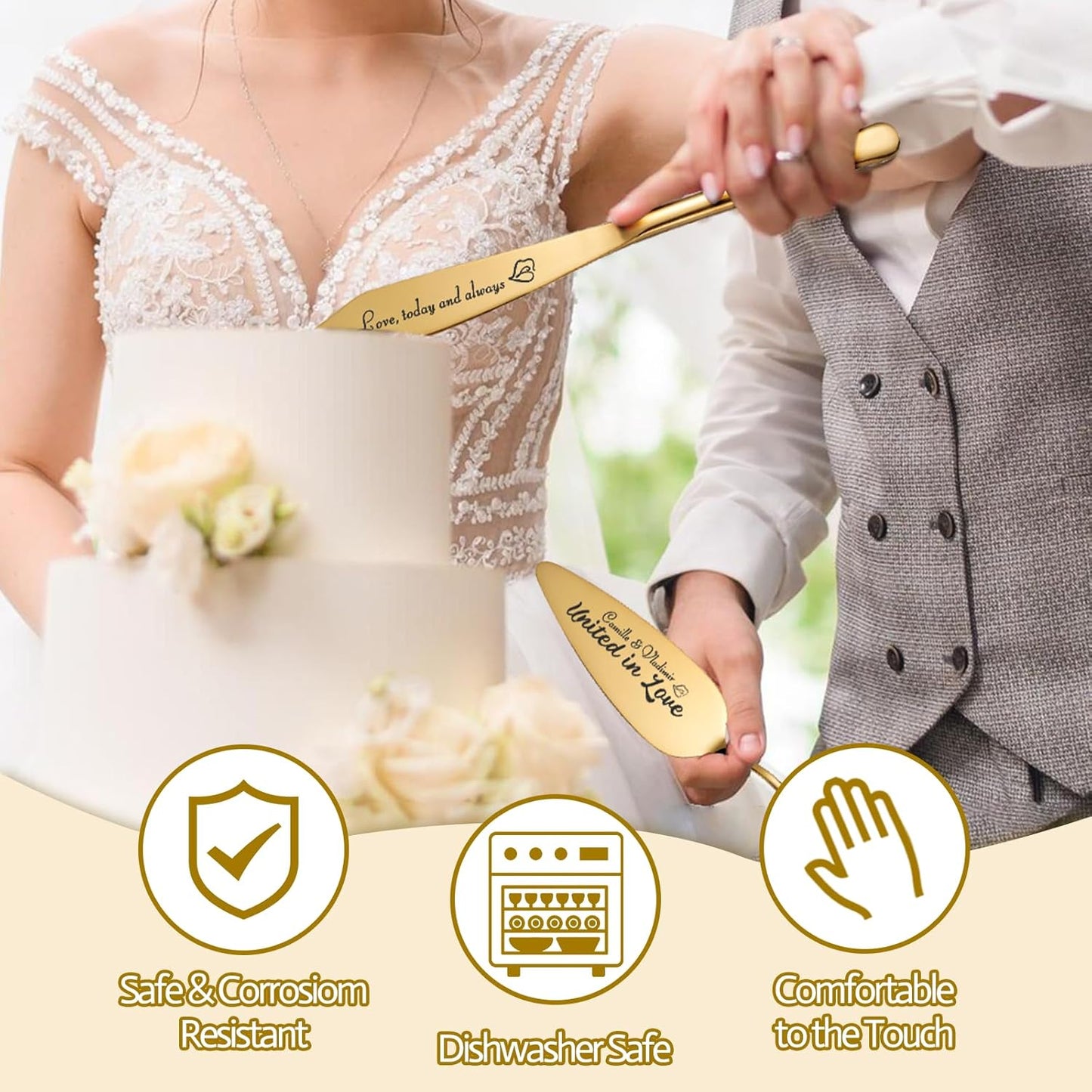 Personalized 4 Piece Wedding Cake Cutting Set, Custom Names Cake Knife and Server set with Forks, Anniversary Birthday Bridal Wedding Registry Gifts (Gold)