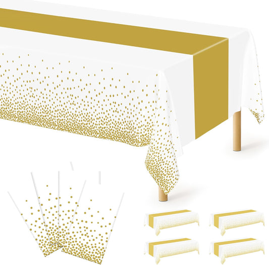 4Pack Disposable Plastic Table Cloths for Parties, 54" x 108" White and Gold Rectangle Table Covers, Waterproof Tablecloth for Rectangle Tables Suitable for New Years Eve Thanksgiving Wedding Supplies
