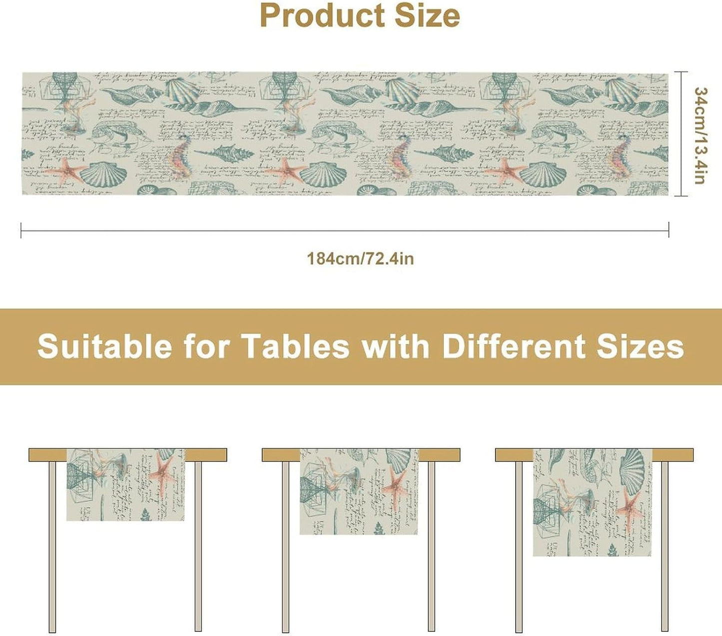 Starfish Table Runner,Seashells Beach Coastal Nautical Sailboat Jellyfish Vintage Hand Drawn Burlap for Hotel Indoors Outdoor Dining Room Kitchen Table Decor, 13x60in