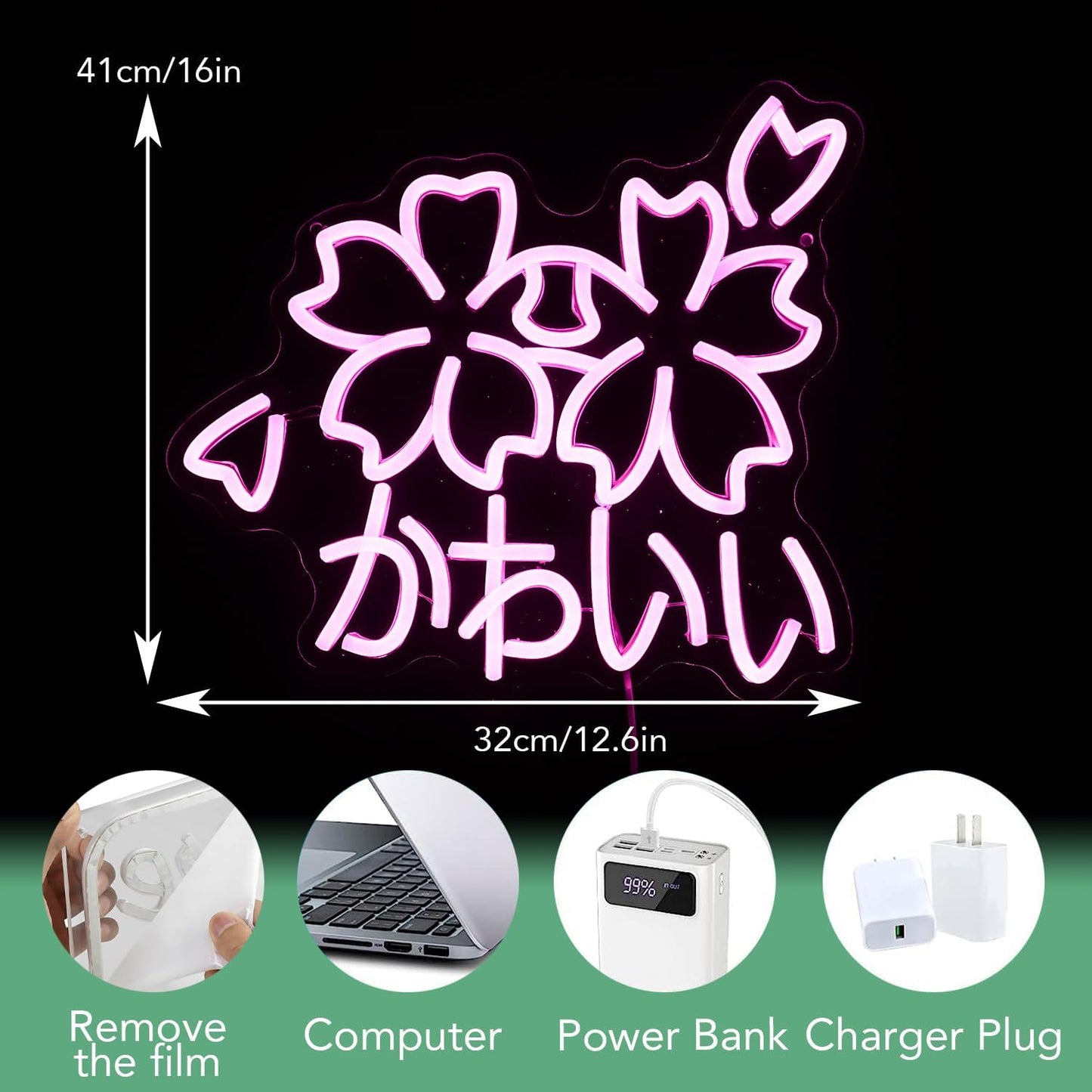 Kawaii かわいいLed Neon Light Sign Japanese Cherry Blossoms Light Up Wall Decor Sign Girls' Room Decoration Birthday Party Christmas Neon Sakura Light (Pink)