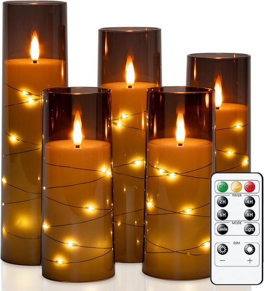 Raycare Flameless Candle with Remote Timer – 5 Flickering Acrylic Battery Operated LED Pillar Candles with Embedded Star String for Halloween, Fall Decor, Harvest Festival Gifts(Grey)