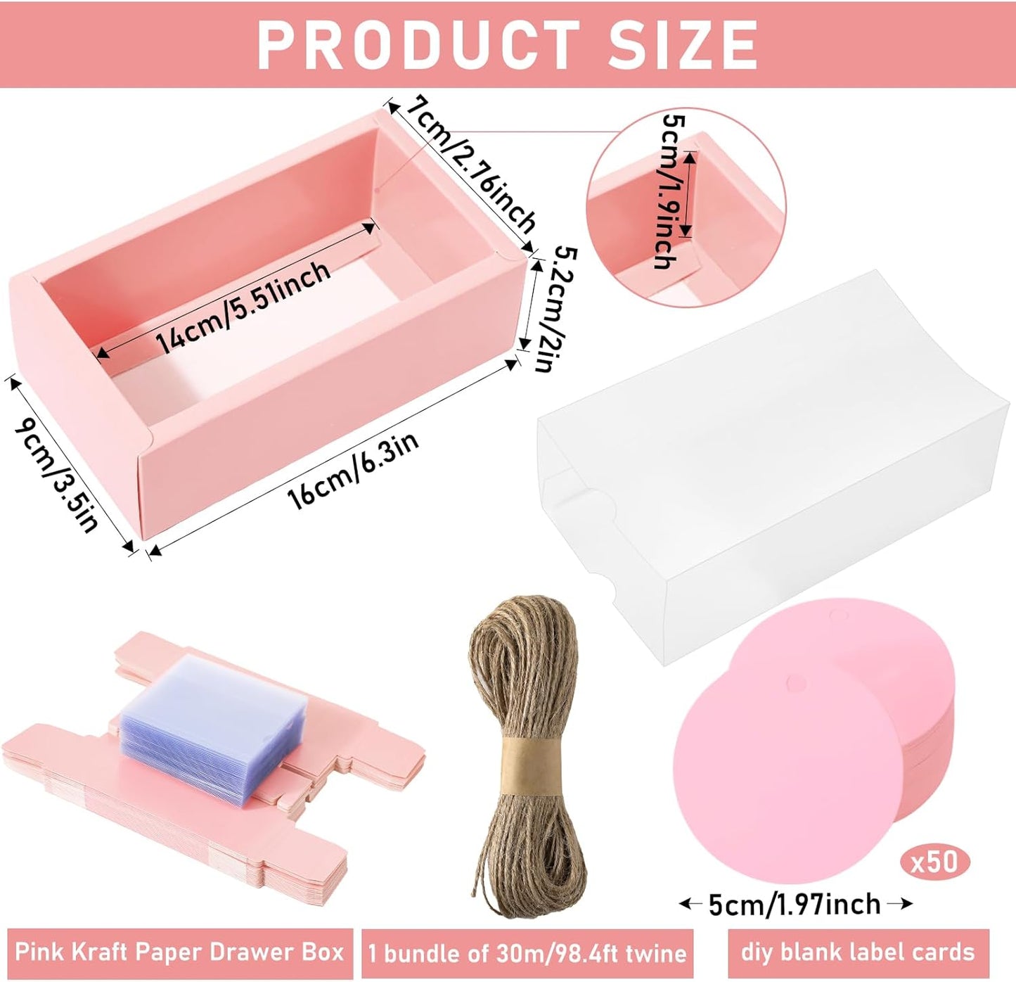 Roowest 50 Sets Kraft Soap Boxes Rectangle Packaging Box with Window Homemade Gift Box with Blank Tags and Jute String for Jewelry Candy Wrapping Party Favor(6.3 x 3.5 x 2 Inch,Pink)