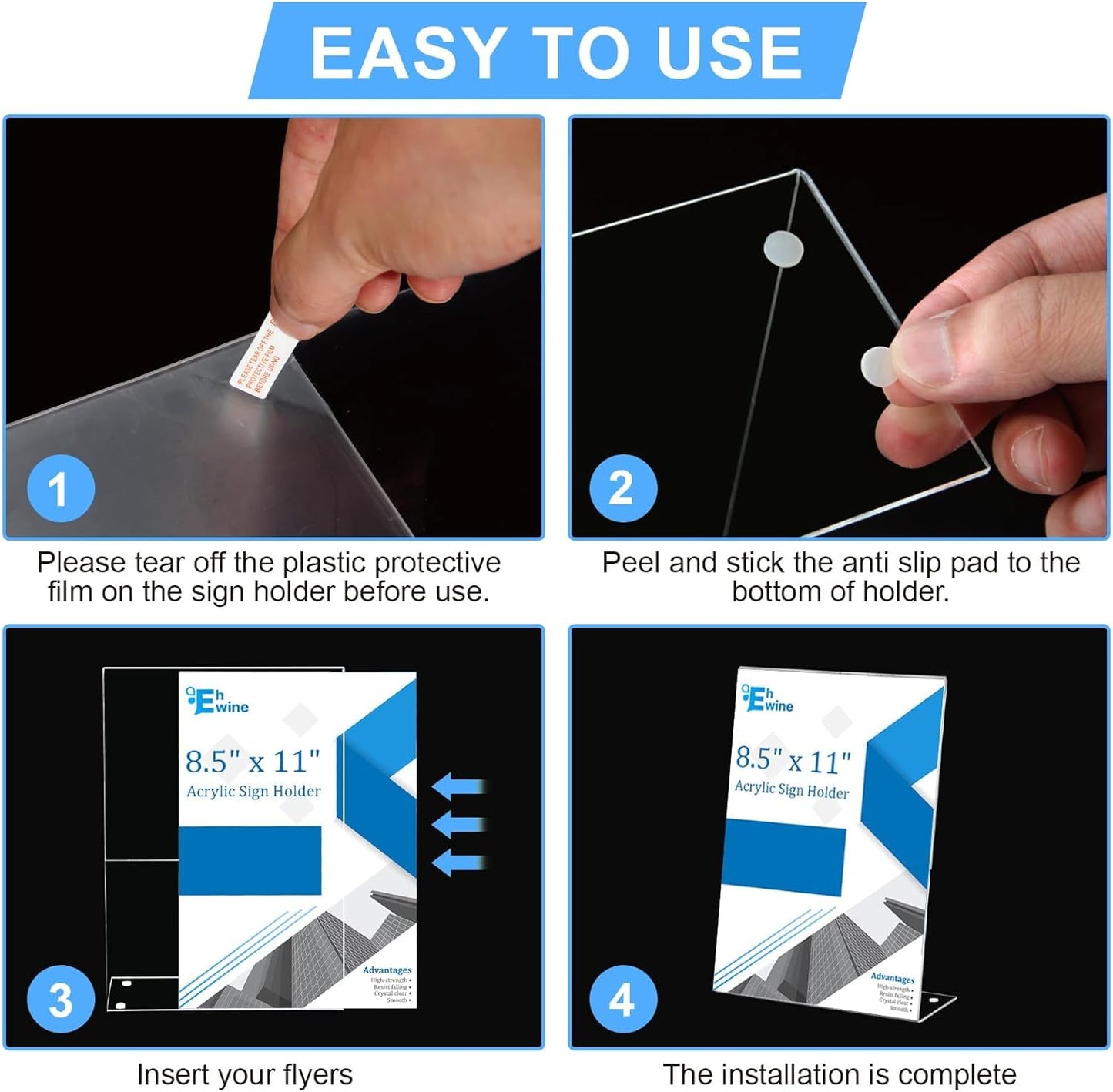 EHWINE 12 Pack Acrylic Sign Holder 8.5 x 11, L Shape Clear Plastic Display Stand, Slanted Back Picture Frame Menu Flyer Paper Display Stand up Table Top Sign Holders for Restaurant, Office and School