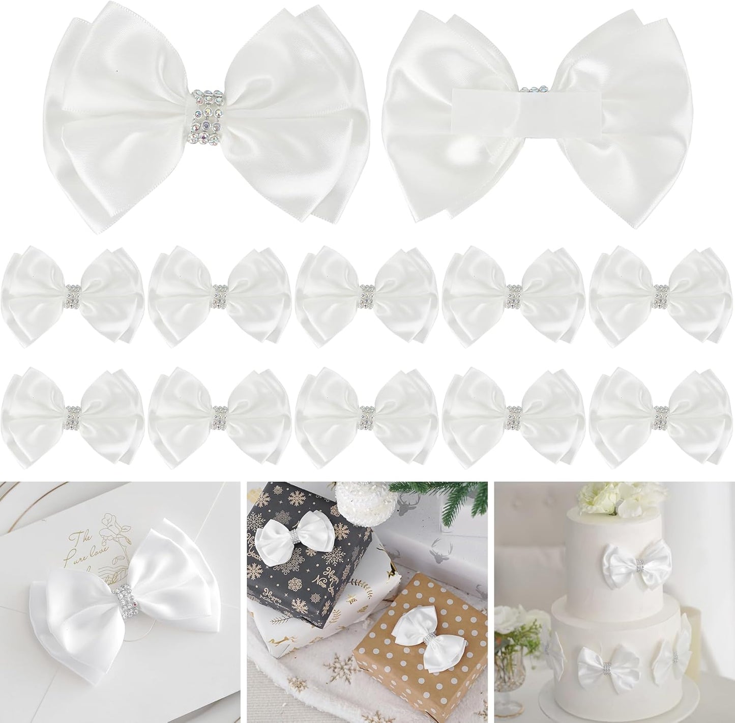White Satin Bows 4'' Premade White Ribbon Bows, Gift Bows with Rhinestone, Wrapping Bows for Presents, Greeting Cards, Treat Bags, Wine Bottles, Valentines Bows for Gift Wrapping-12 Counts