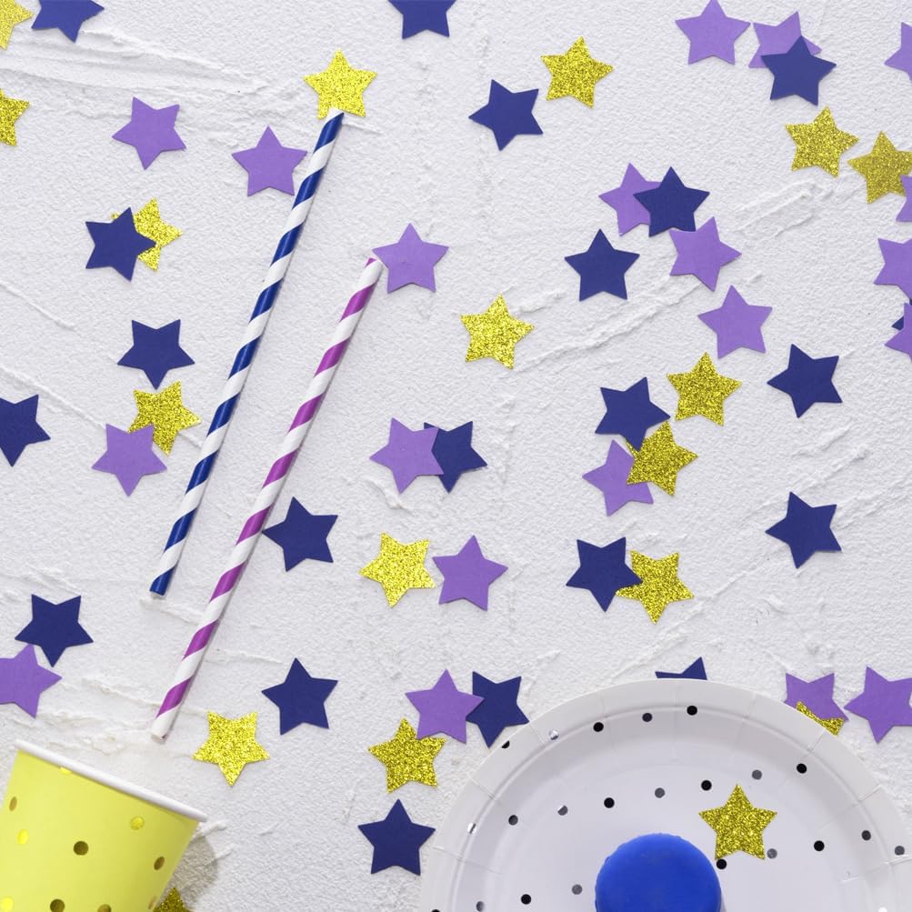 Purple Blue and Gold Star Confetti Table Decoration for Graduation Eid Ramadan Birthday Retirement Party,1.2 inch in Diameter,200 Counts