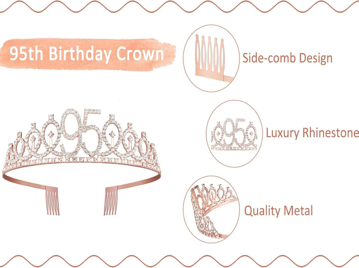 95th Birthday Decorations for Women Including Birthday Sash, Crown, Numeral Candles and Cake Topper, Rose Gold Party Decor Supplies