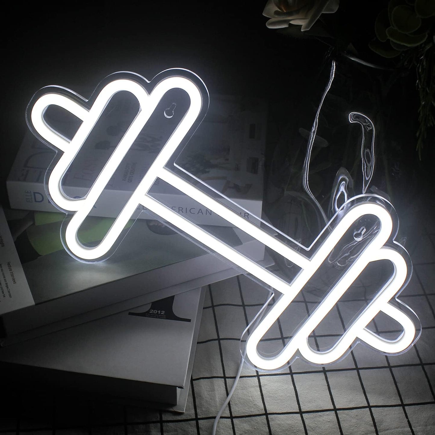Lucunstar Gym Neon Sign,Barbell Dumbbell Shaped Neon signs White Neon Lights Sign Gym Wall Stickers for Fitness Club Decor LED Neon Sign for Teen Girls Teen Sports Room Game Room Decor