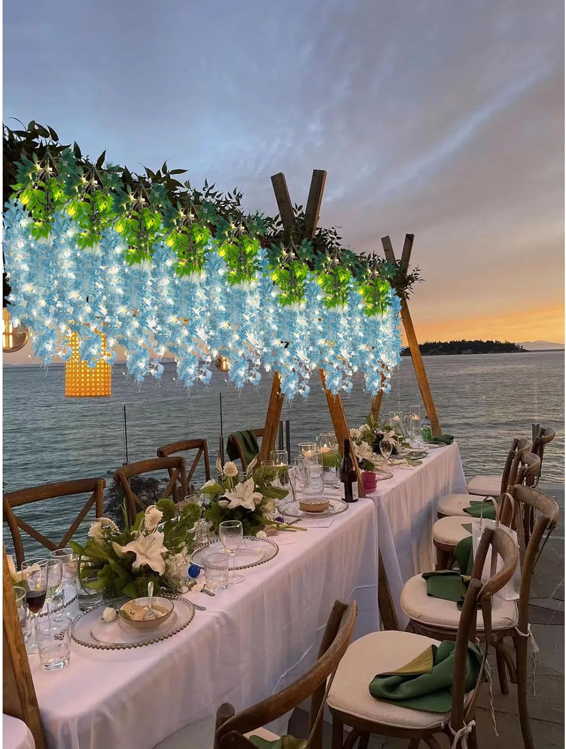 12 Pack Lake Blue Wisteria Hanging Flowers Garland with Lights, 3.44 Feet Artificial Flower Vines, Fake Wisteria, Artificial Vines Hanging Garland for Backdrop Outdoor Patio Garden Decor