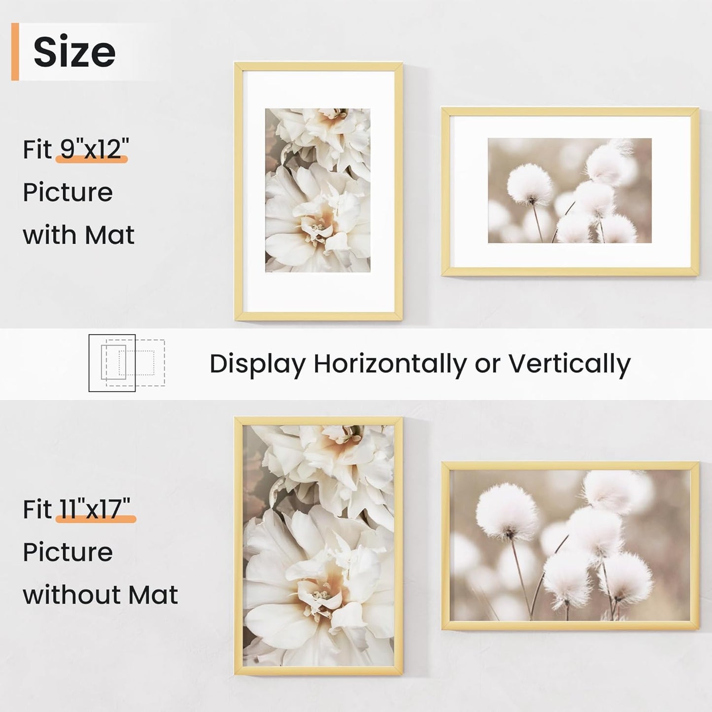 11x17 inch Picture Frame, 11x17 Photo Frames with 8x12 Removable Mat - High Definition Plexiglass - Vertical and Horizontal Display - Wall Hanging Frame - Gold, 3 Pack
