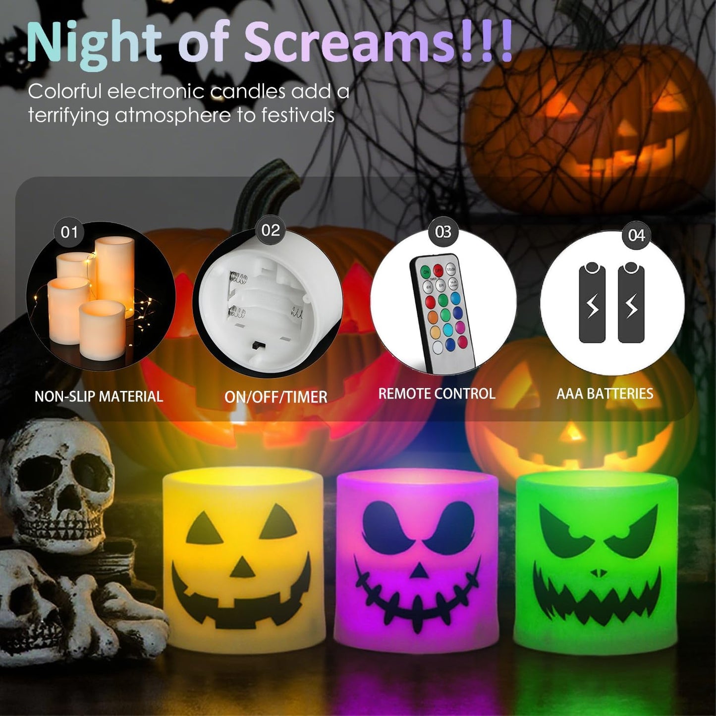 Halloween Flameless Candles - 3 Pack Colored Battery Operated Pumpkin Ghost Face Candles,LED Muti Color Grimace Night Light,Scary Halloween Decor,Fall Table Centerpieces, Spooky Home, Day of The Dead