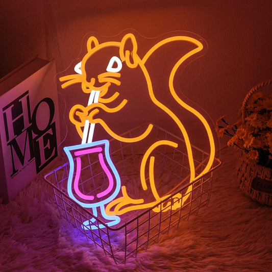 Squirrel Cocktail Neon Sign for Wall Decor, Orange Squirrel Neon Light, USB Powered Animal Cocktail Bar Led Light Up Sign for Bar, Bedroom, Man Cave, Business, Game Room