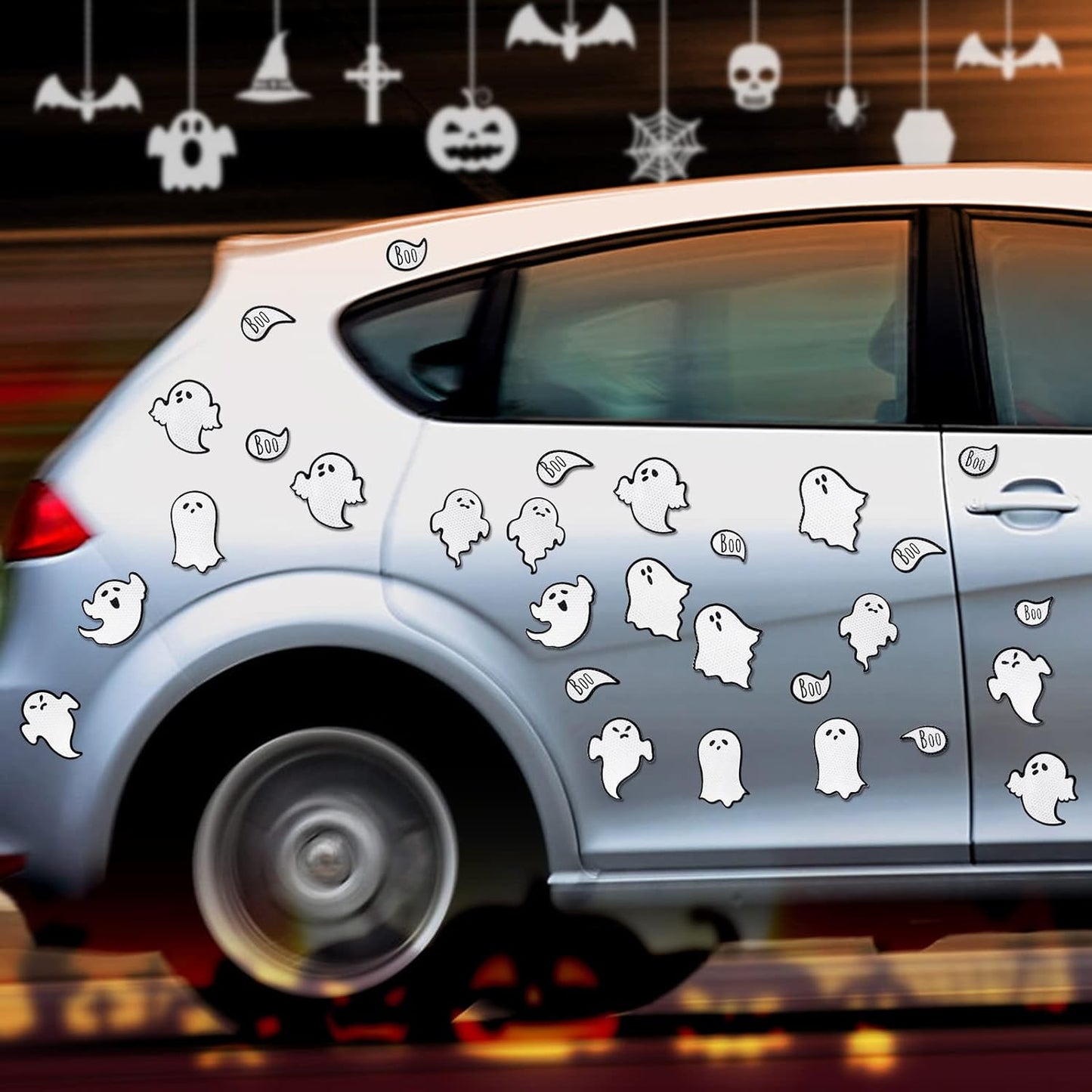 Chinco 36 Pcs Halloween Ghost Car Magnets Reflective Ghost Boo Refrigerator Automotive Magnet Stickers Cute Holiday Fridge Garage Door Decorations Holiday Waterproof Magnetic Decals