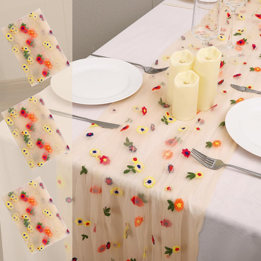 3PCS Champagne Floral Table Runner 10 FT, Embroidery Daisy Table Runners Seasonal Sheer Tulle Table Runner for Thanksgiving Wedding Birthday Baby Shower Party ﻿