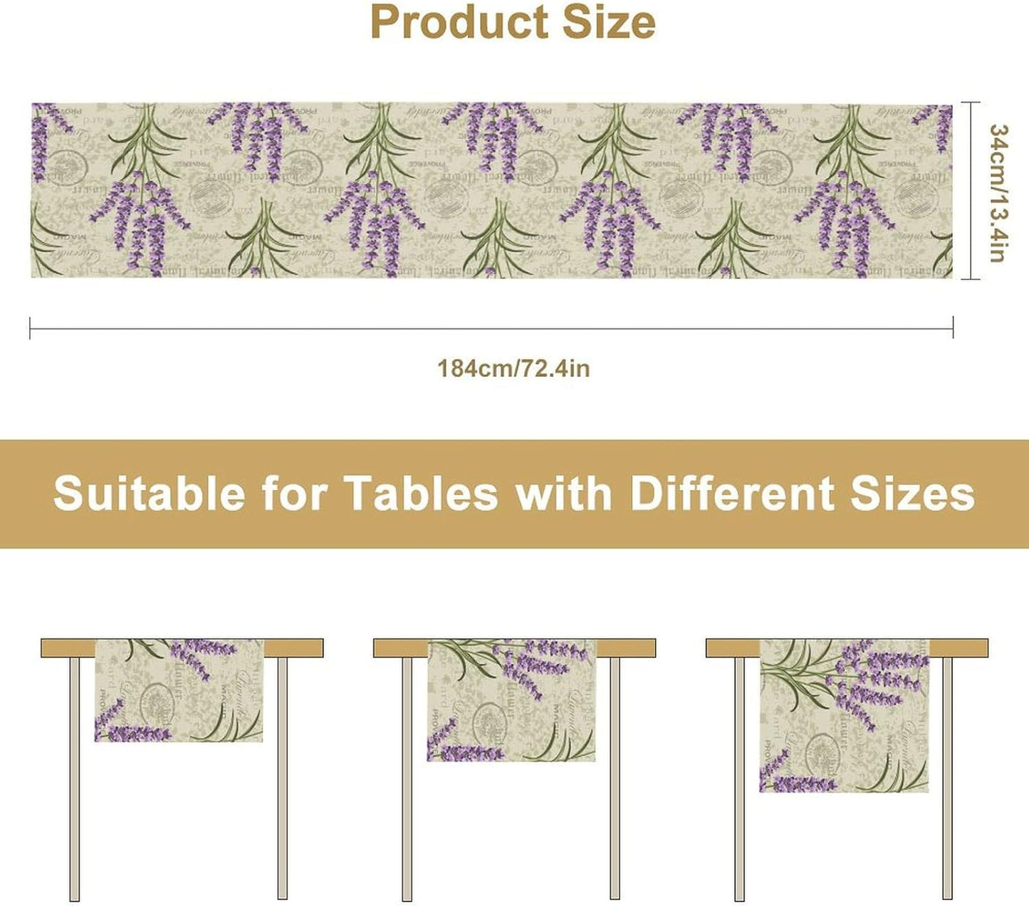 Floral Lavender Table Runner,Vintage Rustic Country Romantic Purple Flower Pattern Print Burlap for Hotel Indoors Outdoor Dining Room Kitchen Home Decor, 13x80in