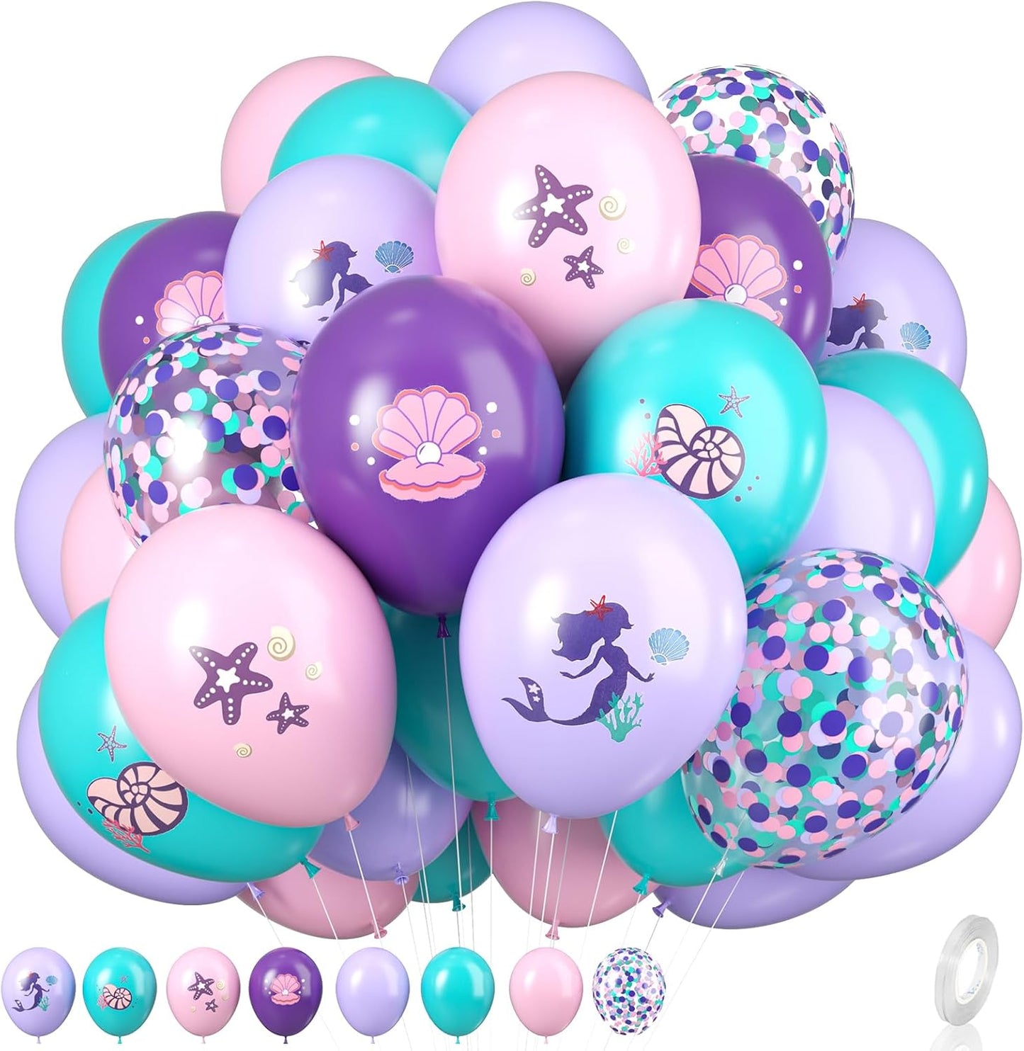 Mermaid Party Balloons, Mermaid Purple Pink Teal Balloon with conch shell starfish Print Balloons Mermaid Confetti Balloon for Under the Sea Theme Birthday Kids Girls Princess Party Supplies