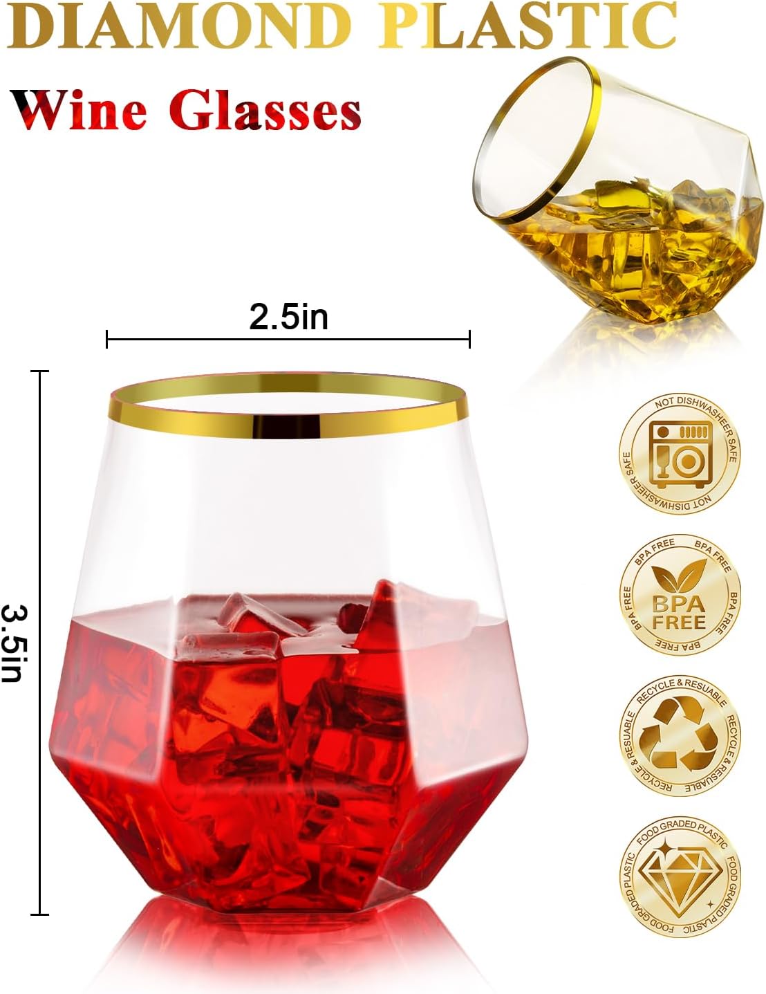 40 PCS Clear & Gold Rim 12 Oz Plastic Wine Whiskey Glasses, Diamond Stemless Unbreakable Disposable Wine Glasses for Party, Ideal for Beach Holidays,Halloween, Christmas, Weddings,Daily Use