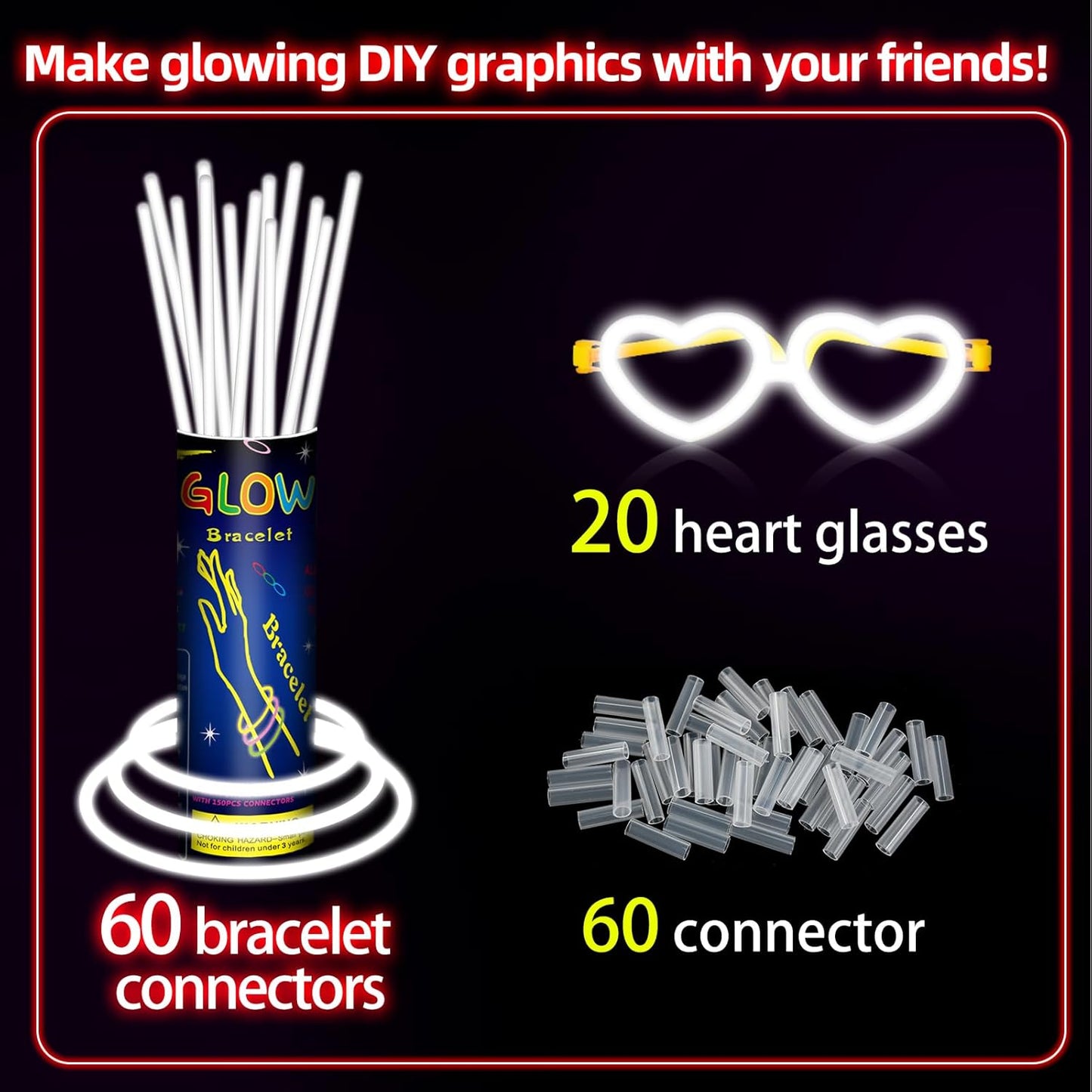60 Pack 8” White Glow Sticks Bulk Bright Glow Sticks with 60 Connectors 20 Heart Glasses Glow In The Dark Party Supplies Neon Party Decorations Glow Bracelet Glasses for Carnival(White)
