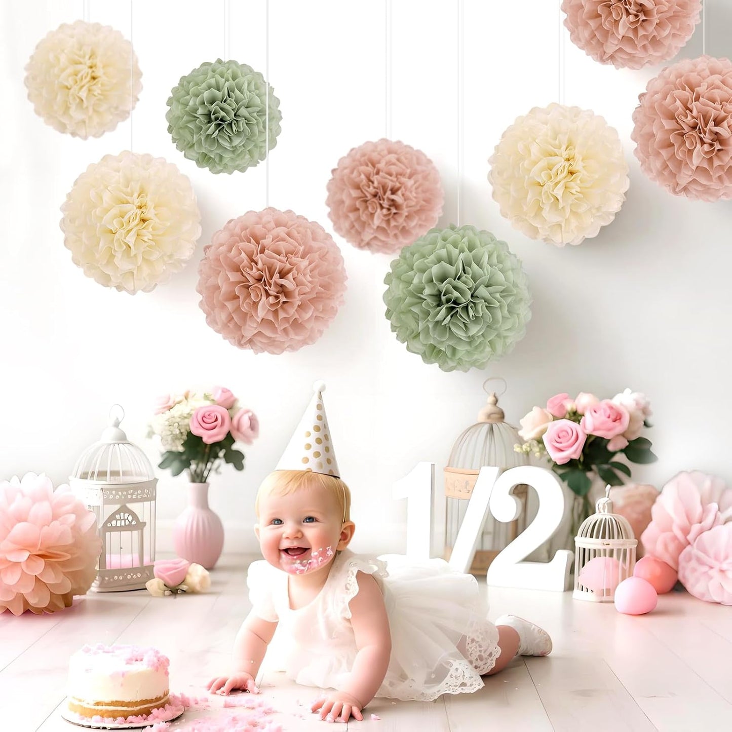 EASY JOY Sage Green Tissue Pom Poms Paper Flowers Decorations Natural Green Boho Hanging Décor for Safari Jungle Party Bridal Shower Baby Shower Home Decor Nursery Birthday Backdrop 15PCS