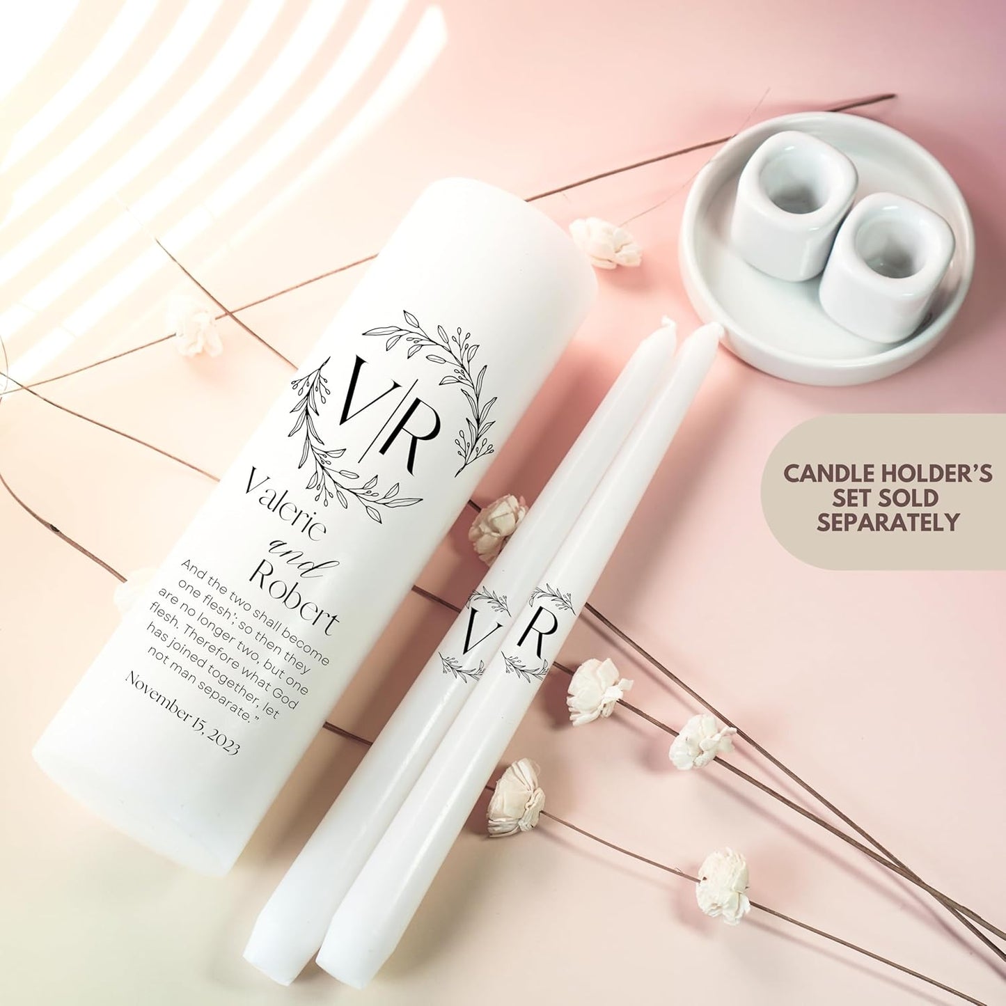 Unity Candles for Wedding, Modern Unity Set, Custom and Personalized Pillar and Taper Candles with Bible Quote, Unscented White Premium Wax, Religious and Wedding Ceremony, Special Events (Black)