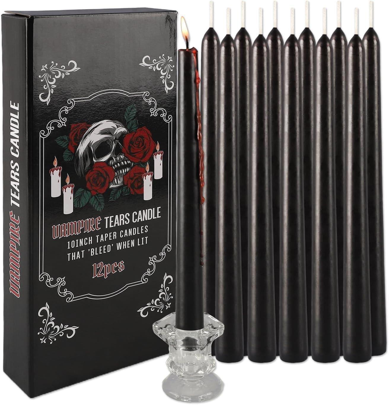 12PCS 10-Inch Black Bleeding Taper Candles,Vampire Tears Taper Candles- Unscented Candle Pack Ideal for Halloween, Christmas, Rituals, and Themed Party Decor.
