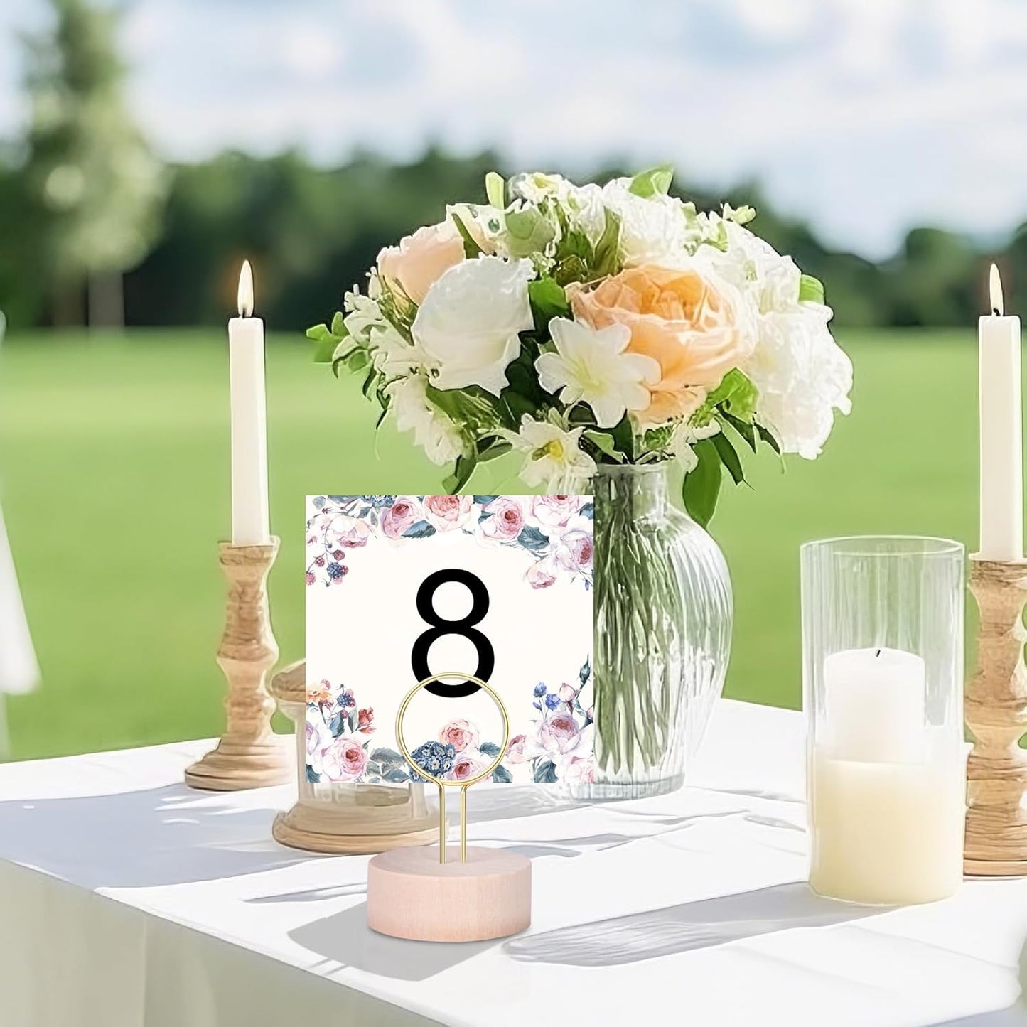 Oubest Table Number Holders Pack of 10 Metal Wire with Wooden Base for Better Stability Place Card Holders - Centerpieces, Picture Photo Sign Stands for Weddings, Party, Birthdays -Gold