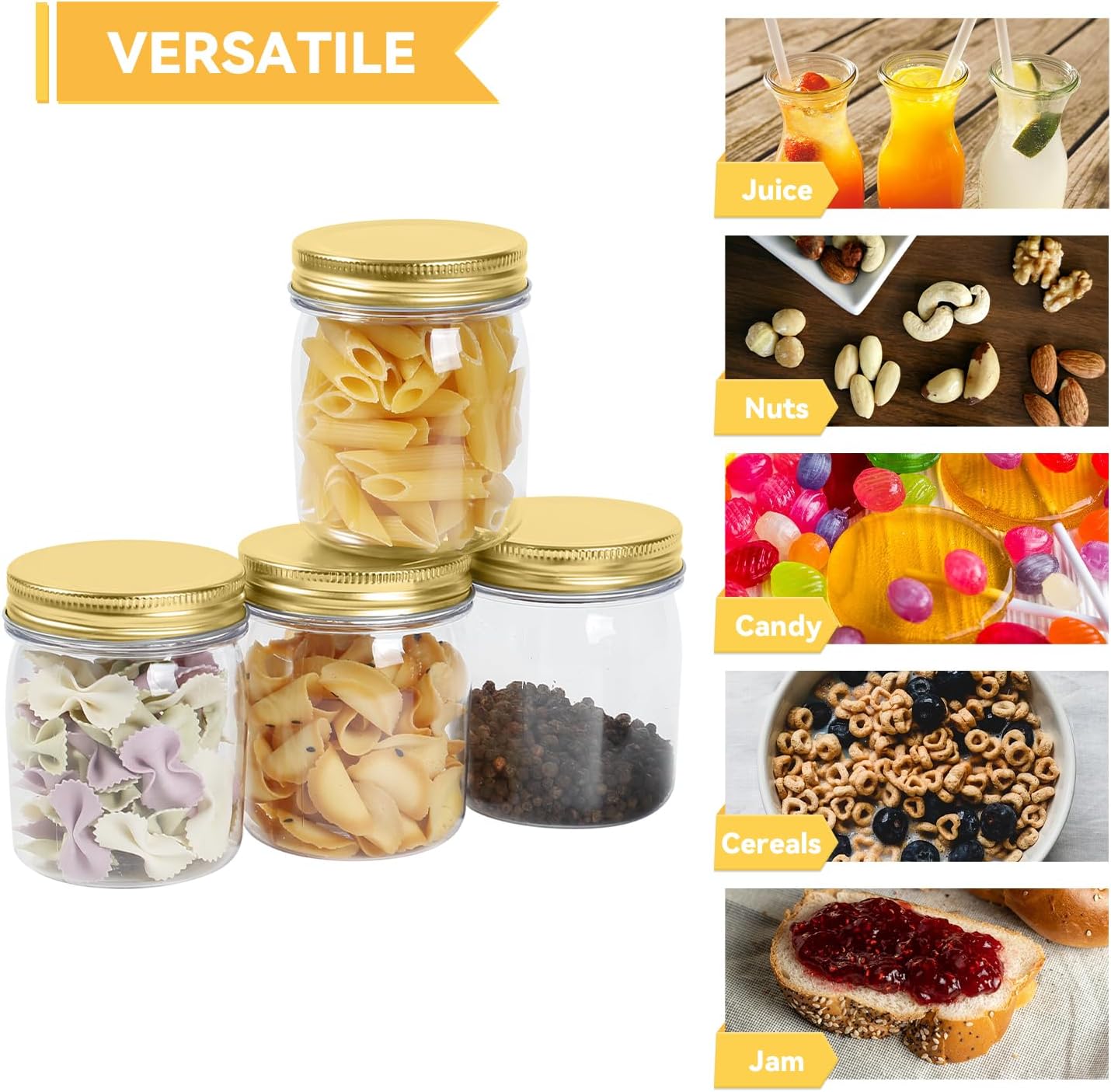 novelinks 8 oz Clear Plastic Jars with Screw-On Lids - BPA-Free Refillable Storage Containers for Slime, Spices, Crafts, Kitchen & Home Organization (16 Pack,Gold)