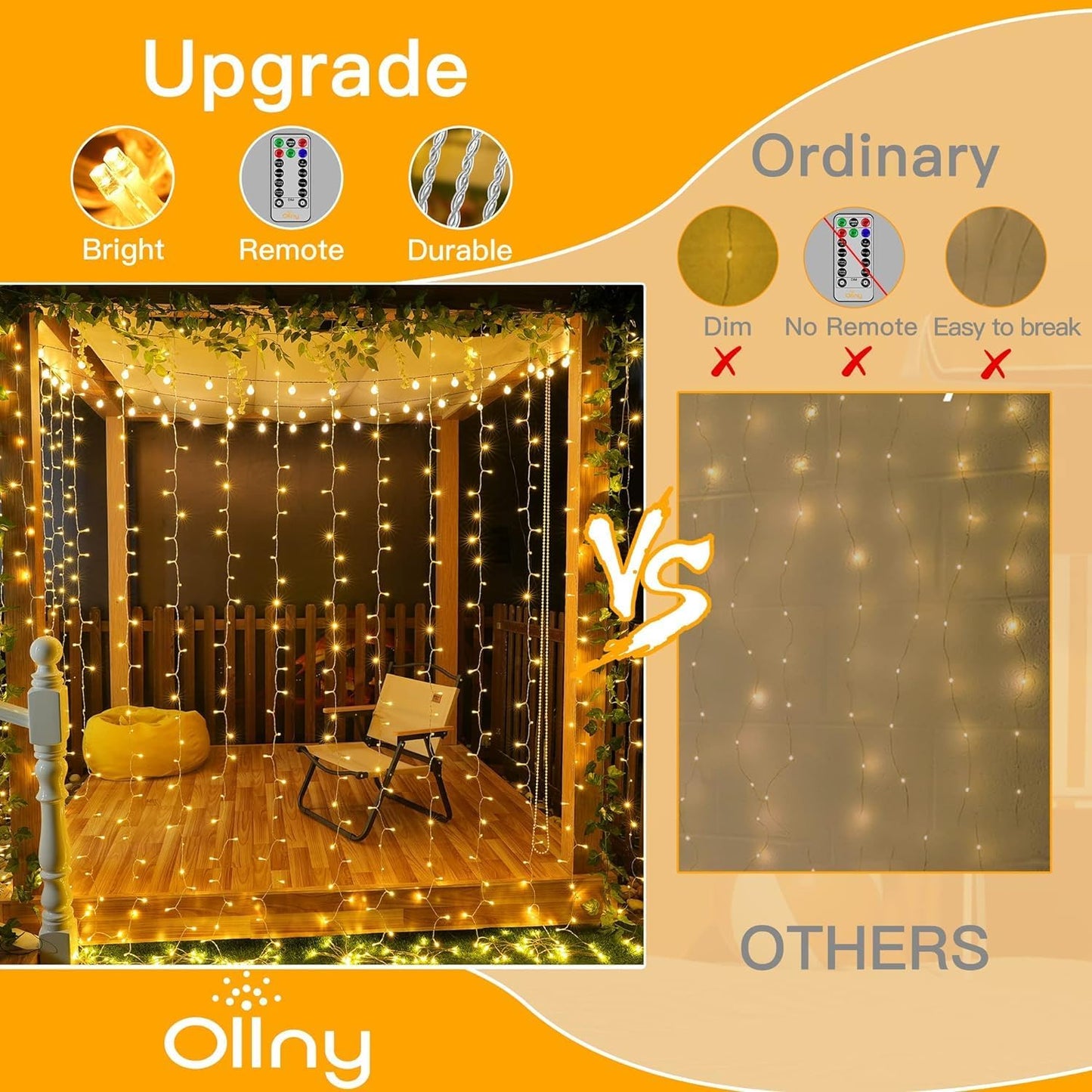 Ollny 2 Pack Curtain String Lights Warm White, 400LED 6.6x6.6ft Fairy Lights With Remote 8 Modes, Hanging Outdoor Waterproof, USB Power Wall for Bedroom Indoor Backdrop Window