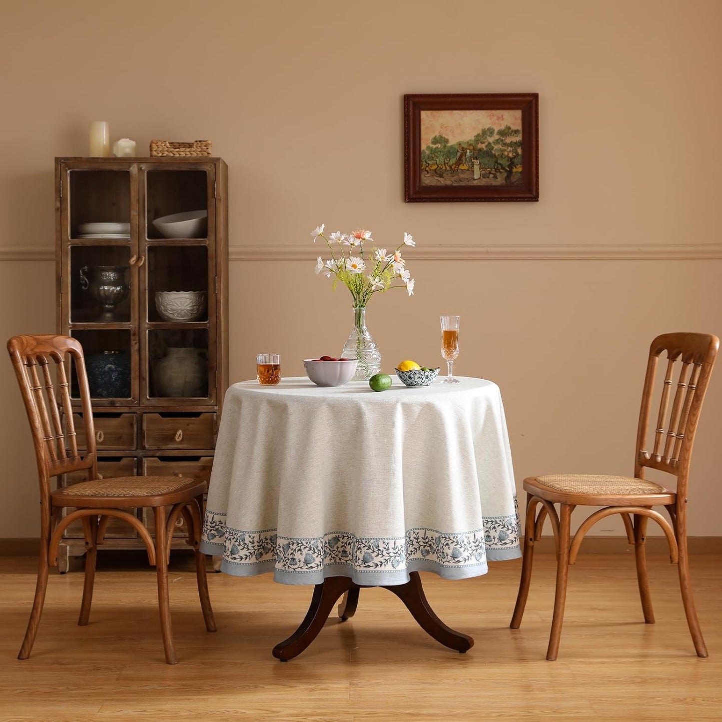 ISAENNE Designer Vintage Linen Elegant Small Round Tablecloth,Chinoiserie Floral Table Cloth,Wrinkle Resistant Decor Table Cover for Dining Thanksgiving Kitchen,Diameter 55"-Segerman B