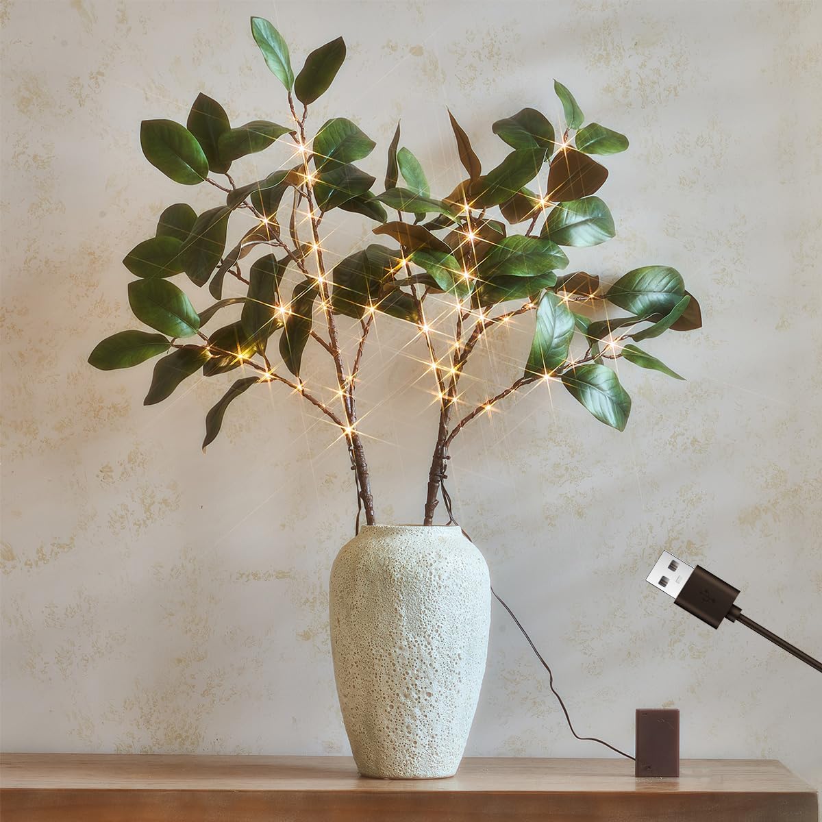 Fudios Magnolia Branches Lights with Timer 32IN 60 LED Battery Operated or USB Plug in Artificial Greenery Magnolia Stems for Spring Decor