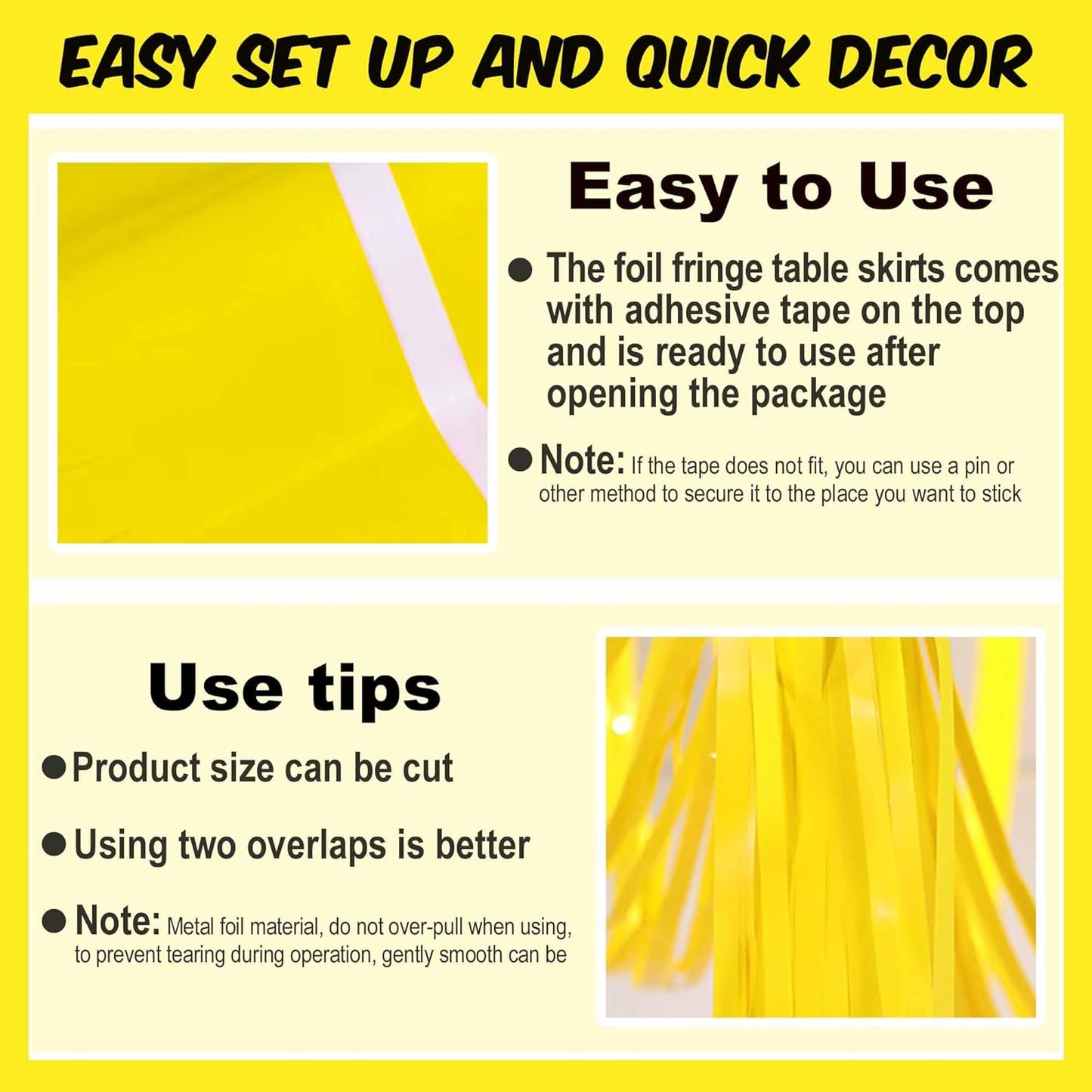 3 Pack 29 x108 Inch Macaron Yellow Foil Fringe Table Skirts Metallic Banner for Tinsel Streamer Garland Backdrop for Parade Floats Mother's Day, Graduate, Birthday, Wedding Party Decoration