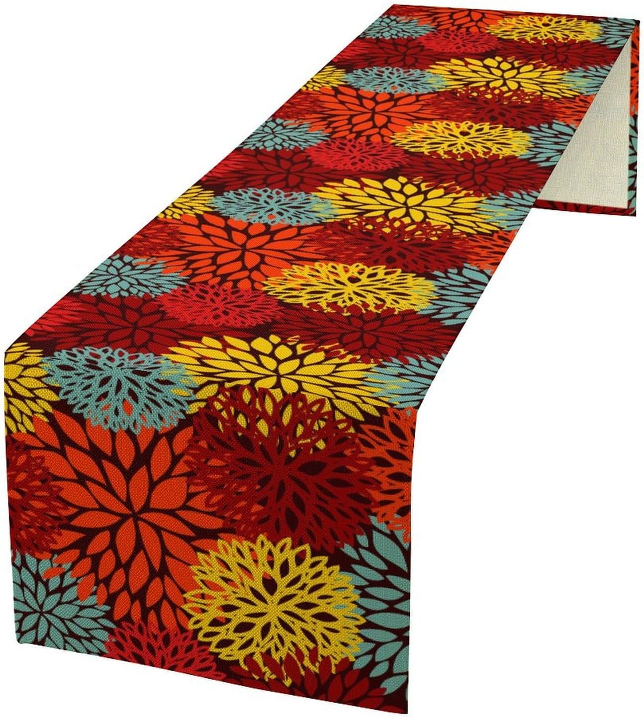 Red Yellow Dahlia Table Runner, Seasonal Autumn Thanksgiving Pattern Print for Home Kitchen Table Decor Dining Coffee Room Party Decor 13x70 Inch