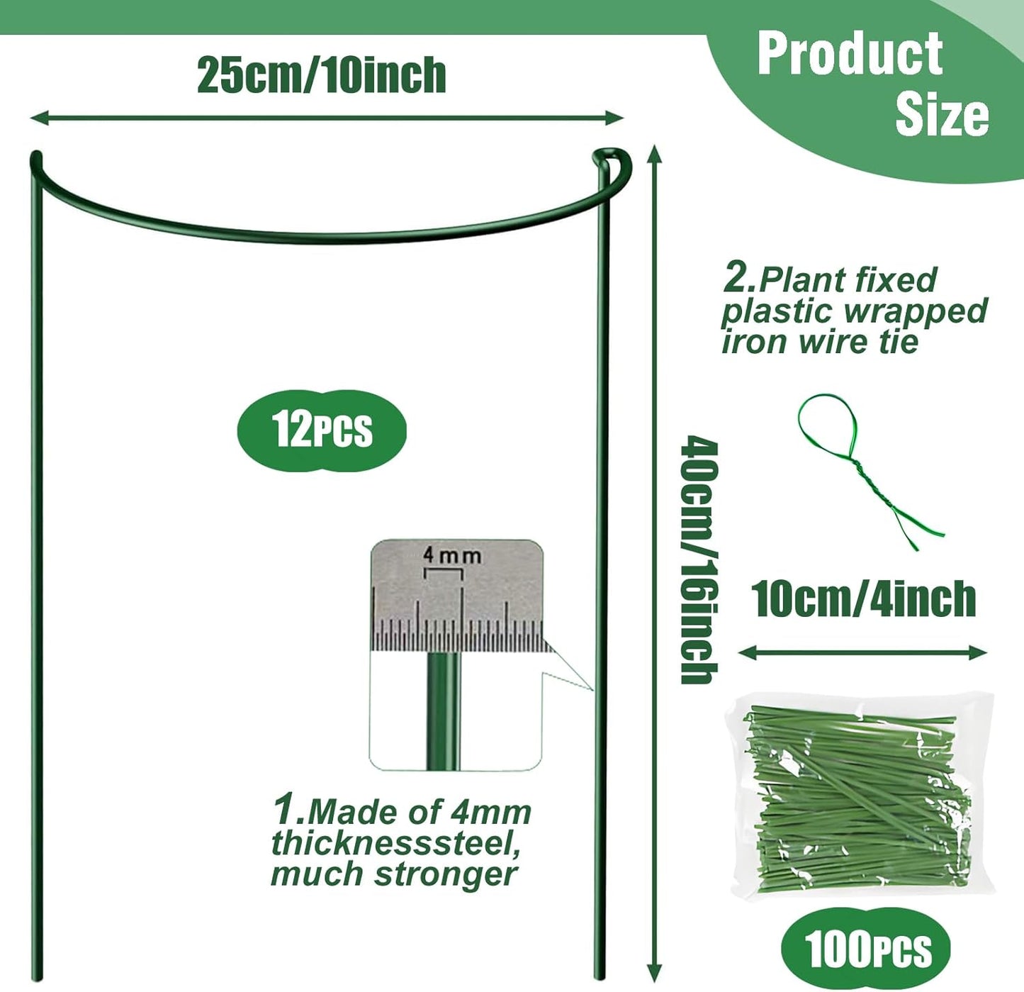 LINGHUI 12 Pack Plant Support Stakes, 10" Wide x 16" High,Heavy-Duty Half Round Peony Support Ring and Cage for Indoor and Outdoor Plants, Peony, Tomato, Hydrangea, Rose(100 Plant Ties)