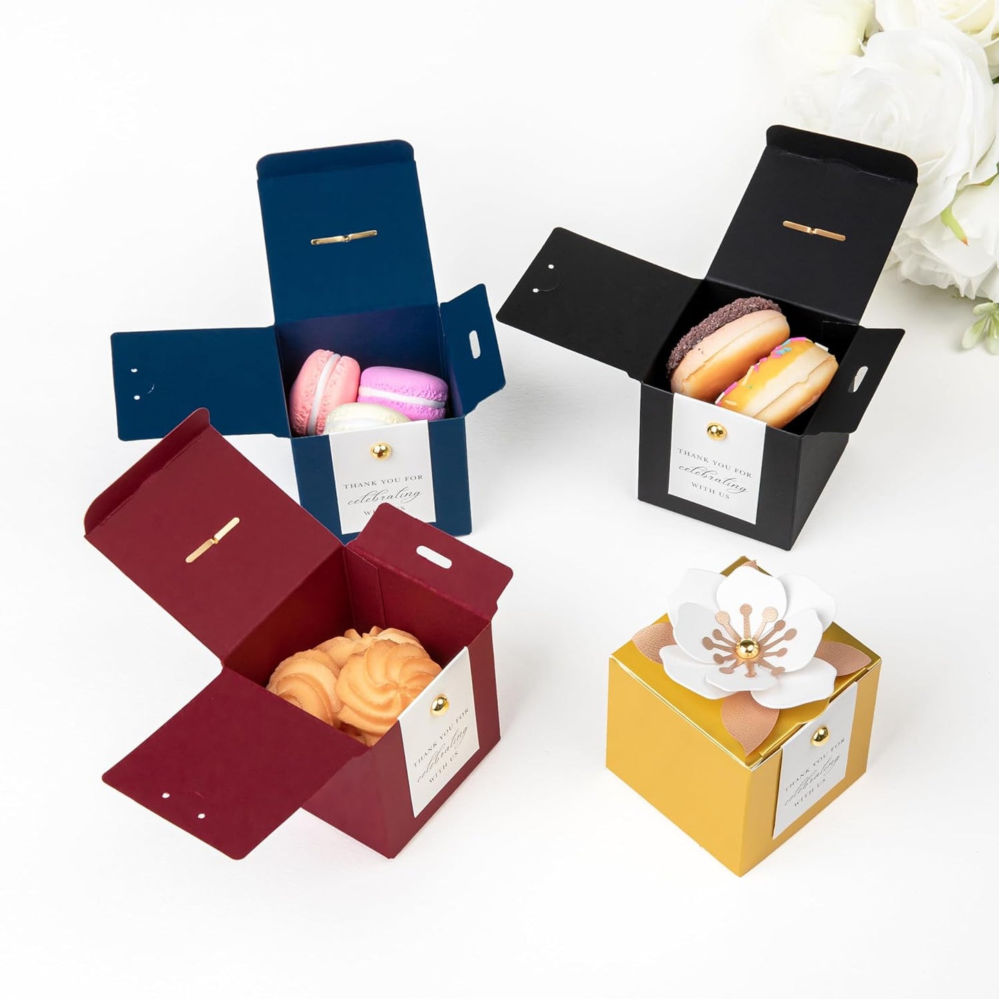 FEIYI 20 PCS Candy Boxes, 3 In 1 Gold Favor Boxes with Floral Decor, White Thank You Tags Gift wrapping for Wedding Birthday Baby Shower Decorations Party -2.55x2.55x2.55''