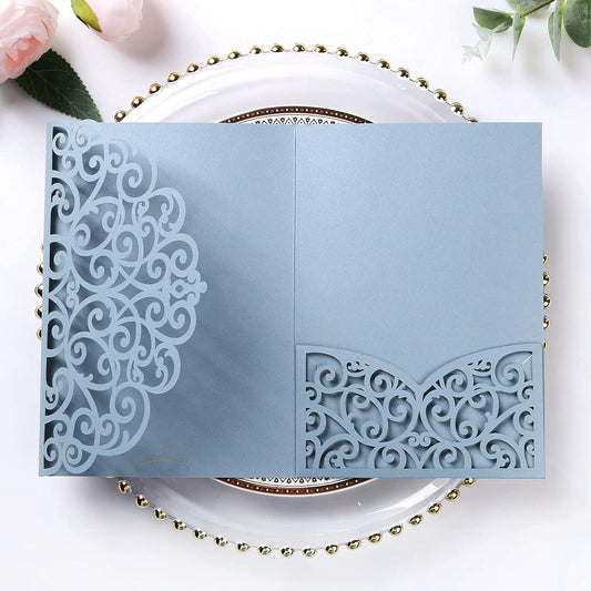 PONATIA 5.12 x 7.2 Dusty Blue Laser Cut Invitation Pocket, 20PCS Tri-Fold 5 x 7 Laser Cut Wedding Invitation Pockets with Envelopes for Wedding Bbay Shower Birthday Sweet 16 Invite (No Inner Sheet)