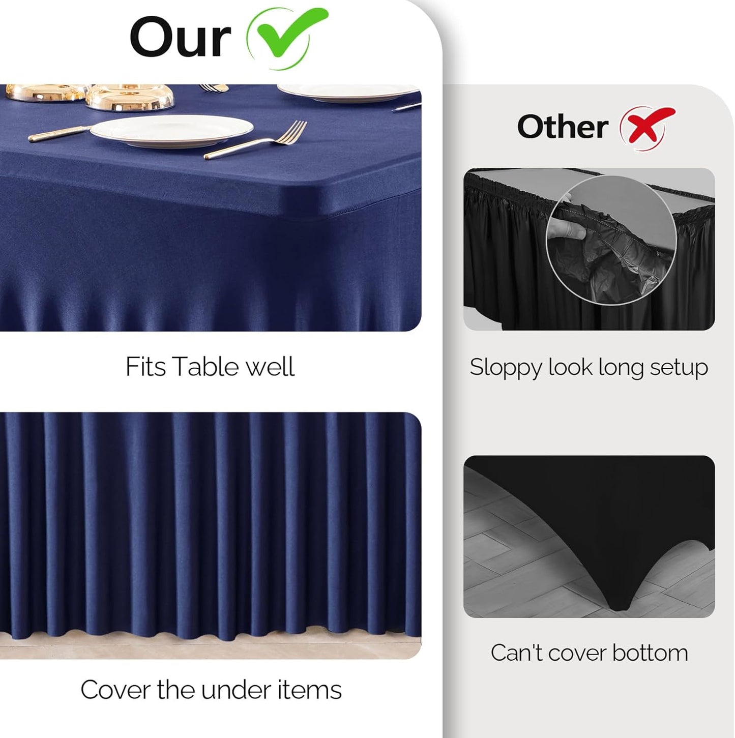 Wish Care 6 Pack Navy Blue Spandex Table Clothes for 8 Foot Rectangle Tables, 8FT Wrinkle Free Fitted Tablecloths Ruffles Design Table Cover for Party, Banquet, Wedding and Events