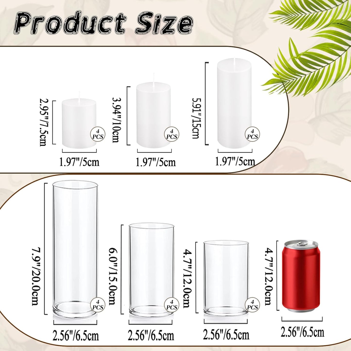 UDU Set of 12 White Pillar Candles and 12 Glass Cylinder Vases Hurricane Holders, Slim Pillar Candle Holder, Cylinder Vases for Centerpieces Wedding Table Party Home Decor(2.6" X 4.7", 5.9", 7.9")