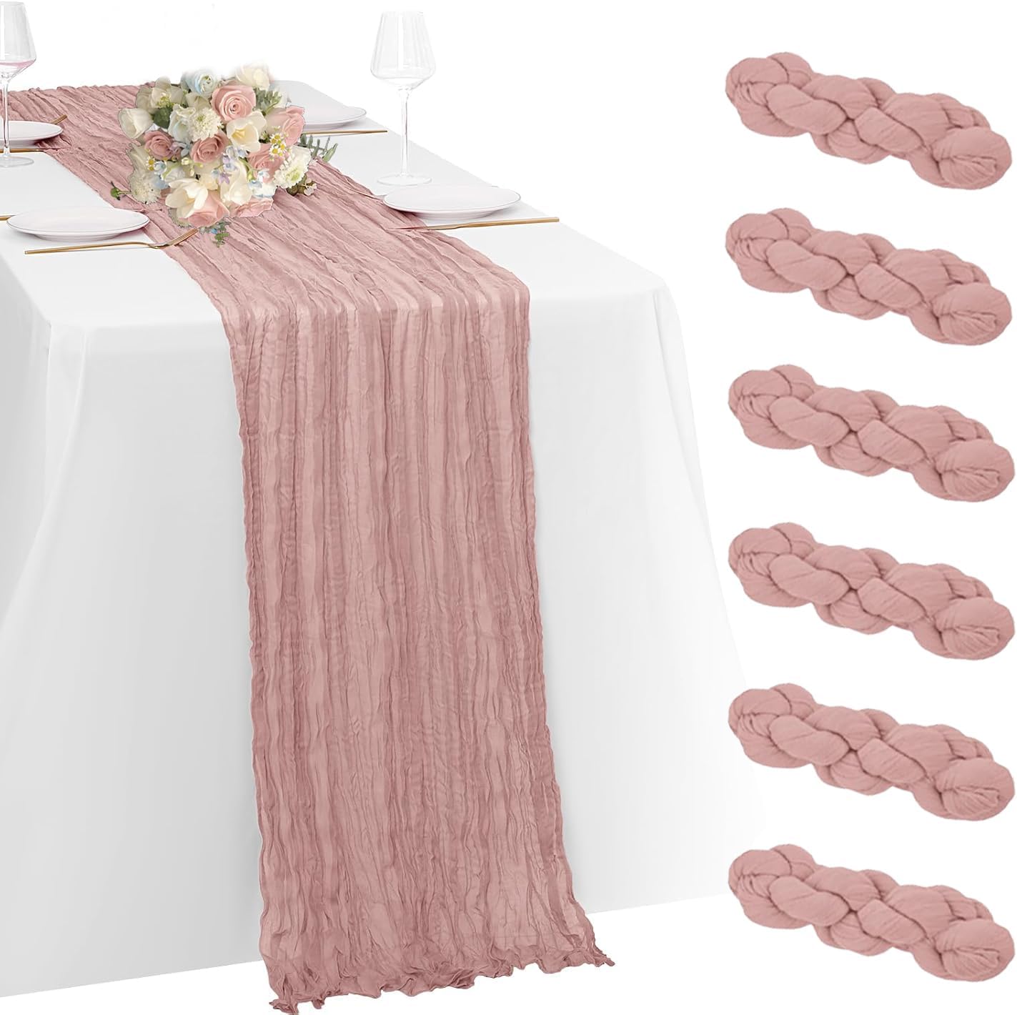 6 Pack Dusty Pink Cheesecloth Table Runner 23x120 inch Rustic Boho Gauze Table Runner 10 FT Long Sheer Cheese Cloth Fabric Table Runners for Romantic Wedding Bridal Shower Birthday Party Decor