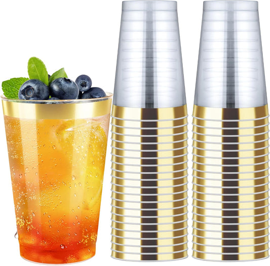 12oz Clear Plastic Cups with Gold Rimmed Sturdy & Food Safe Disposable Wine Glasses Wedding Cups Party Cups Plastic Cocktail Glasses for Wine, Juice, Cocktails and Cold Beverages [100 Pack]