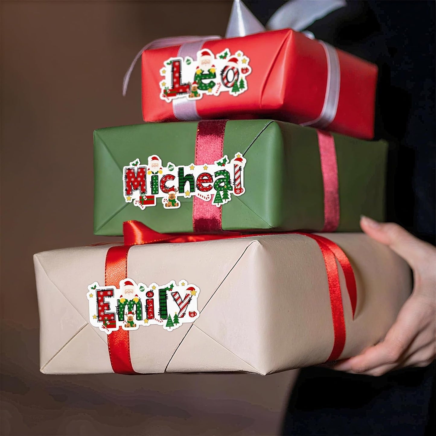 callie Personalized Christmas Stickers - Custom Name, 3.5"×1.69" Santa Claus Elk Design Merry Christmas Stickers Labels for Envelopes Seals Crafts Cards Gifts (28PCS)