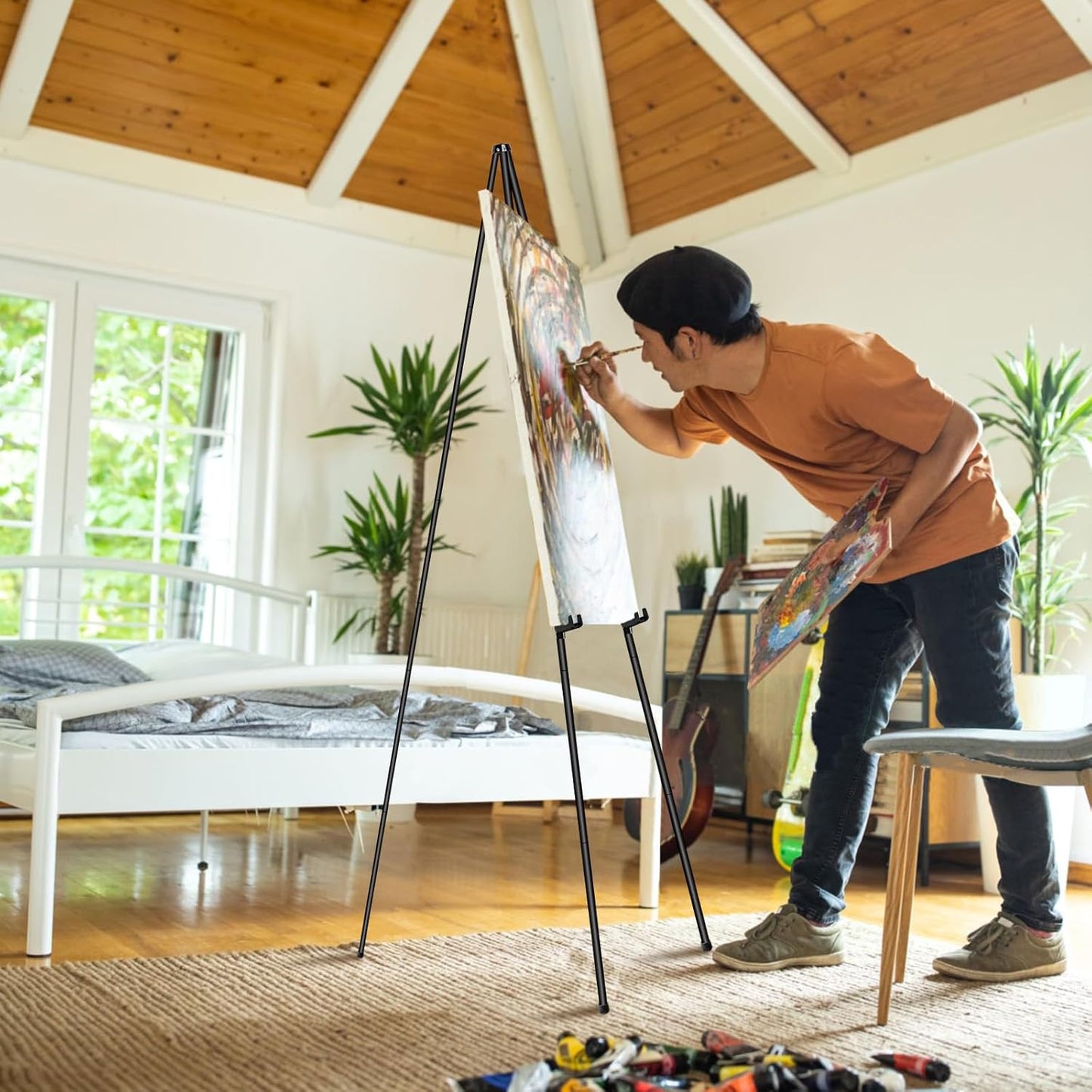 PUJIANG 2 Pack Easel Stand - 63" Folding Easels for Signs - Floor Easels for Display Pictures Wedding Sign, Art Easel for Painting,Welcome Sign Stand Tall Display Black Metal Easel with Bag