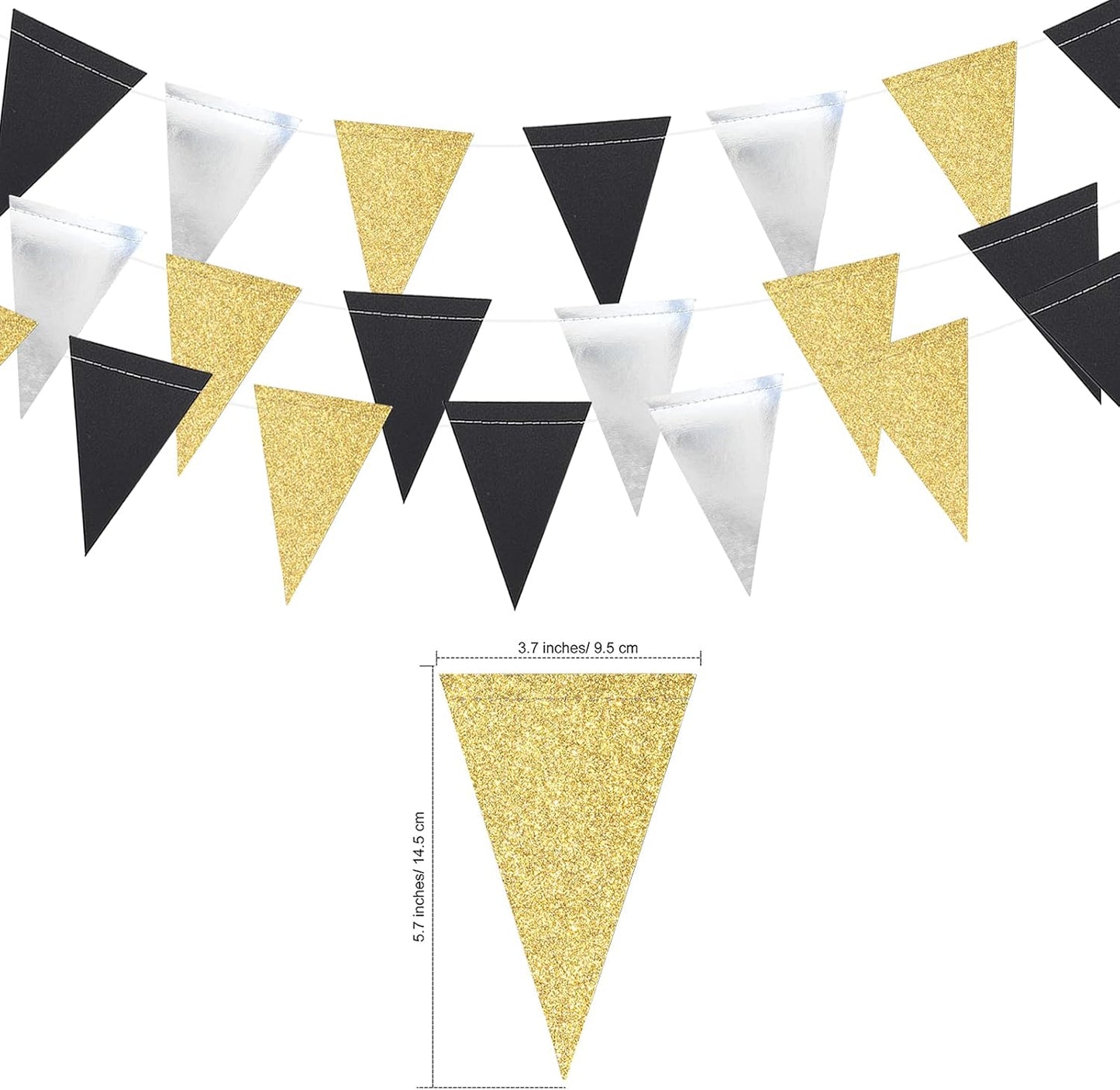 Triangle Flag Bunting Banner, MerryNine 3 Pack 30 Feet Vintage Style Pennant Banner for Wedding, Baby Shower, Event & Party Supplies 78pcs Flags (Triangle Flag - Black Silver Gold Glitter)